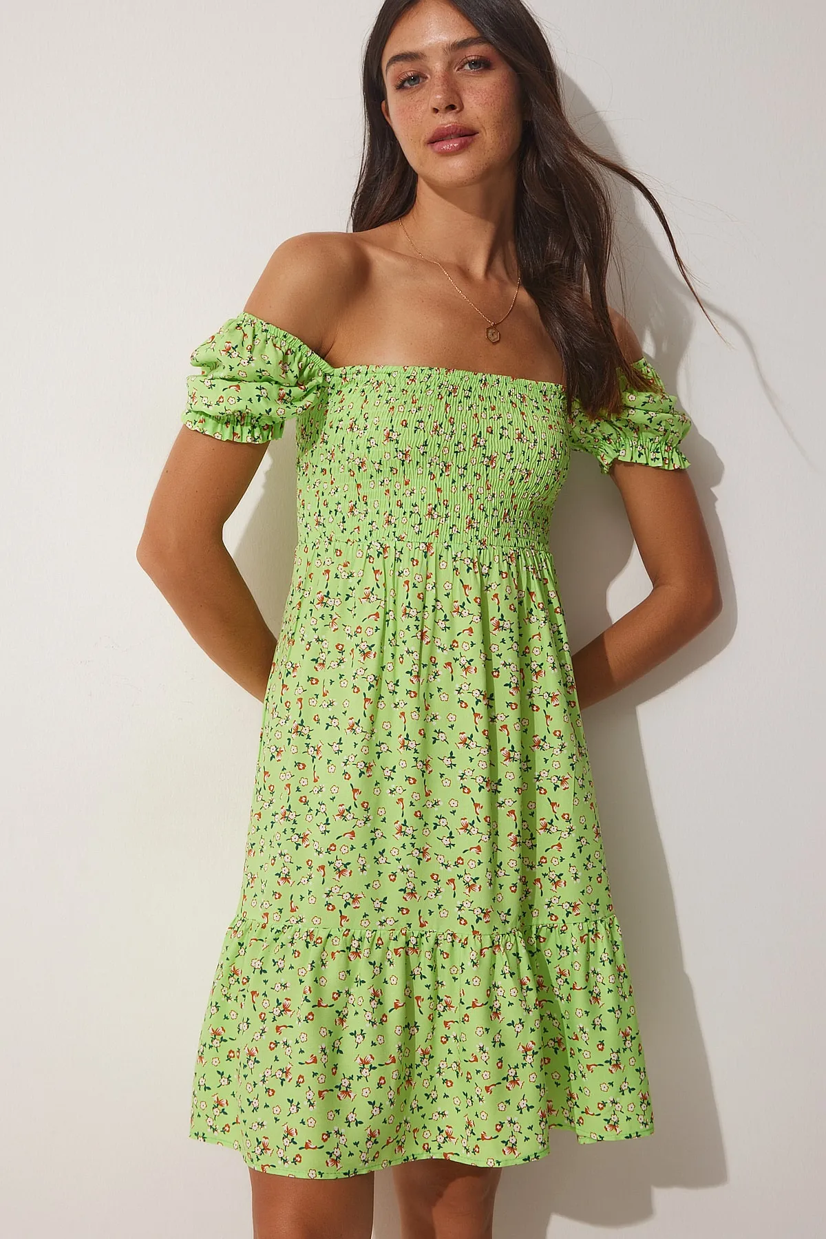 Happiness İstanbul  Pistaziengrünes Carmen-Kragen-Sommerkleid aus Viskose für Damen DD01223