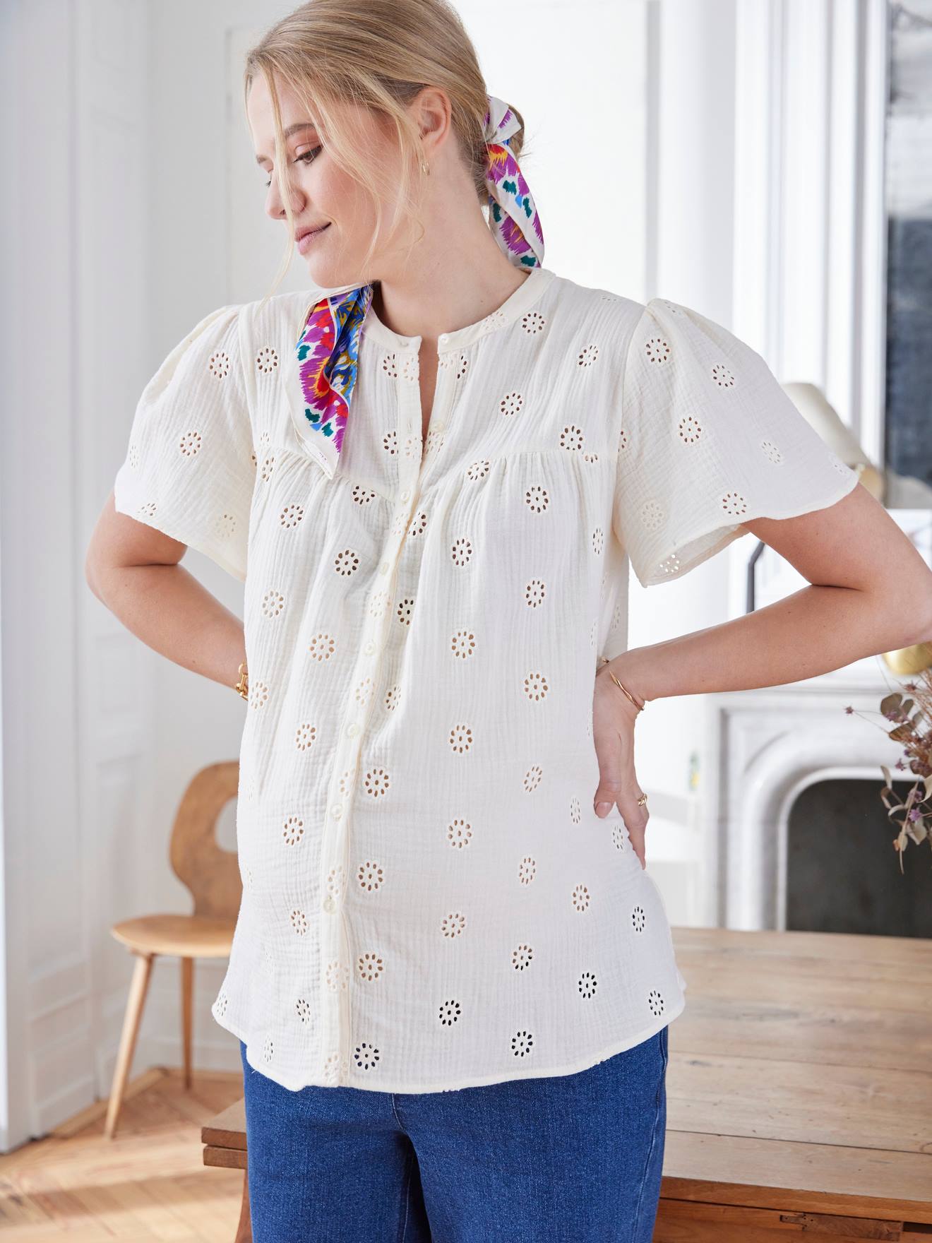 Blouse gaze de coton brodé grossesse et allaitement terracotta