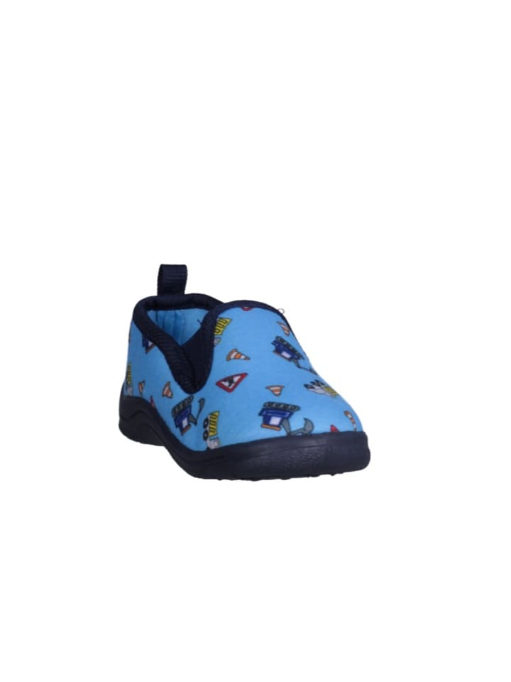 Playshoes Hausschuh Allover Baustelle in Blau günstig kaufen