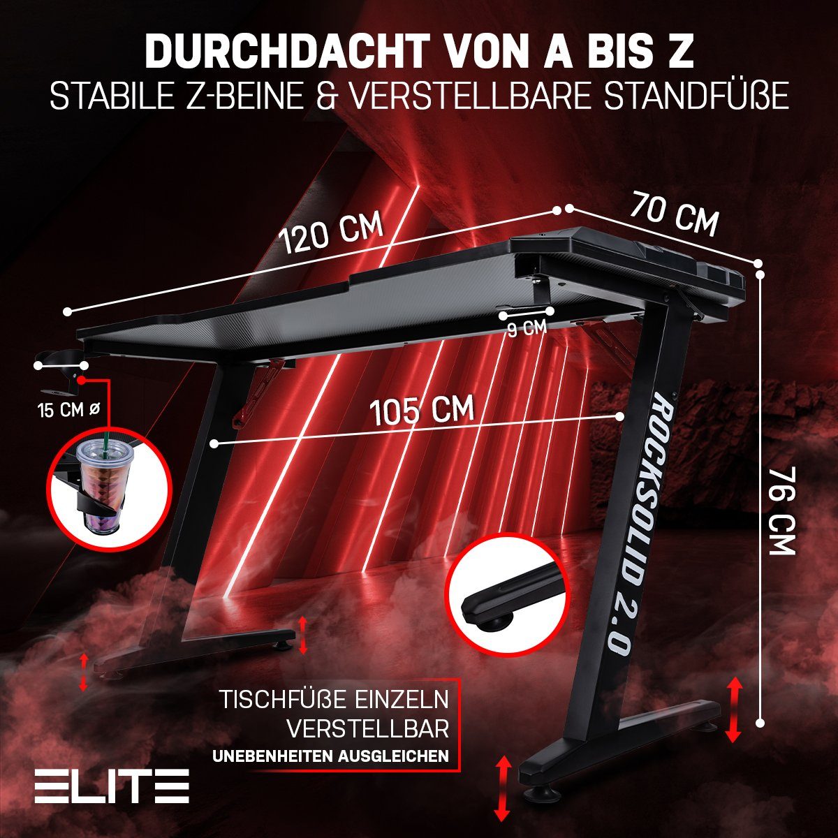 ELITE Gaming Gamingtisch Elite Gamer-Schreibtisch Rocksolid, RGB-LED (Jugendschreibtisch inkl. Getränke-, Headset- und Controller-Spiele-Halterung, 2-St., Schreibtisch, verstellbare Standfüße, Kabelkanal, ergonomisches Design), Gamingtisch inkl. Fern
