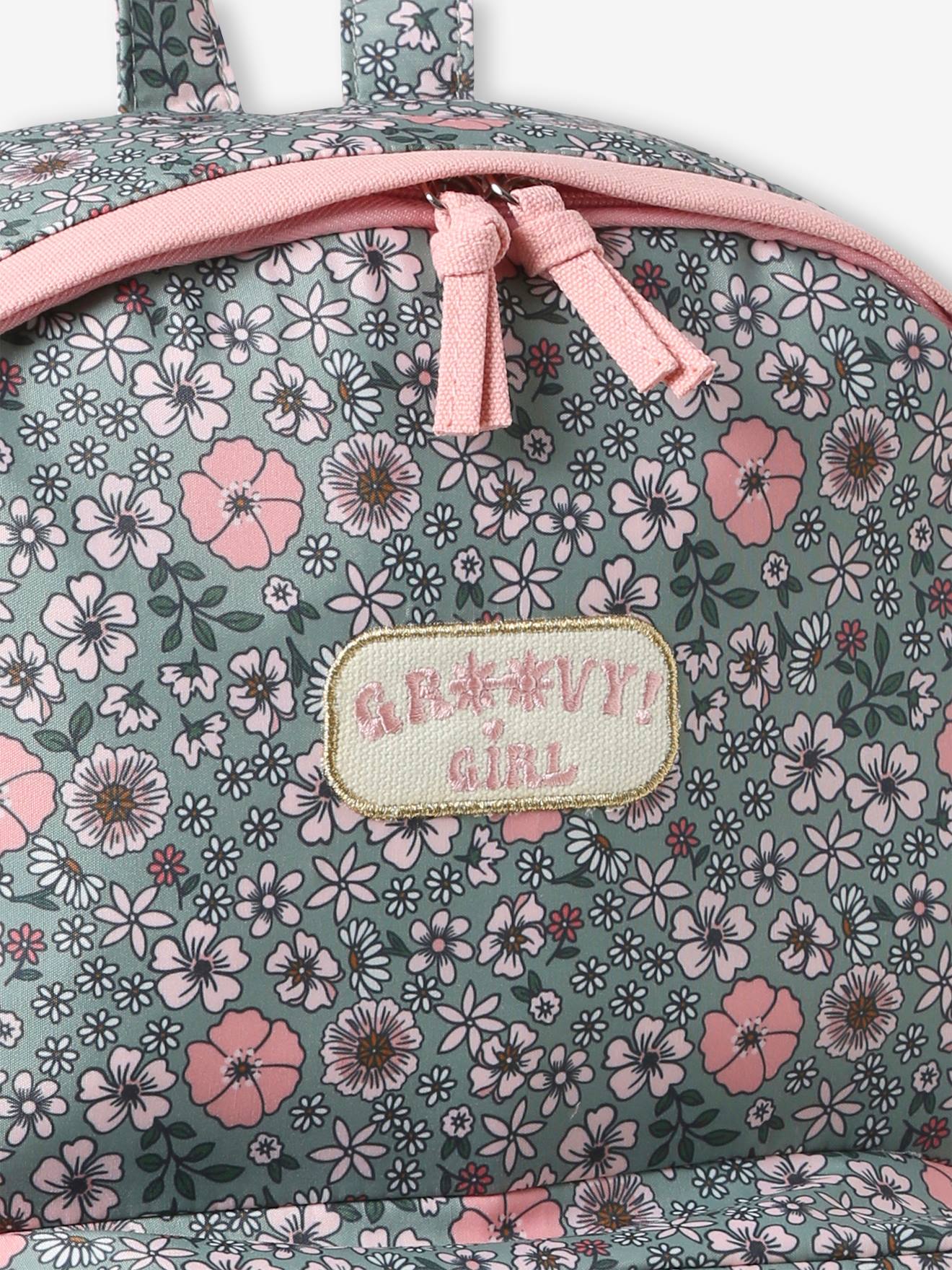 Vertbaudet Mädchen Schulrucksack mit Blumen GROOVY GIRL - moosgrün