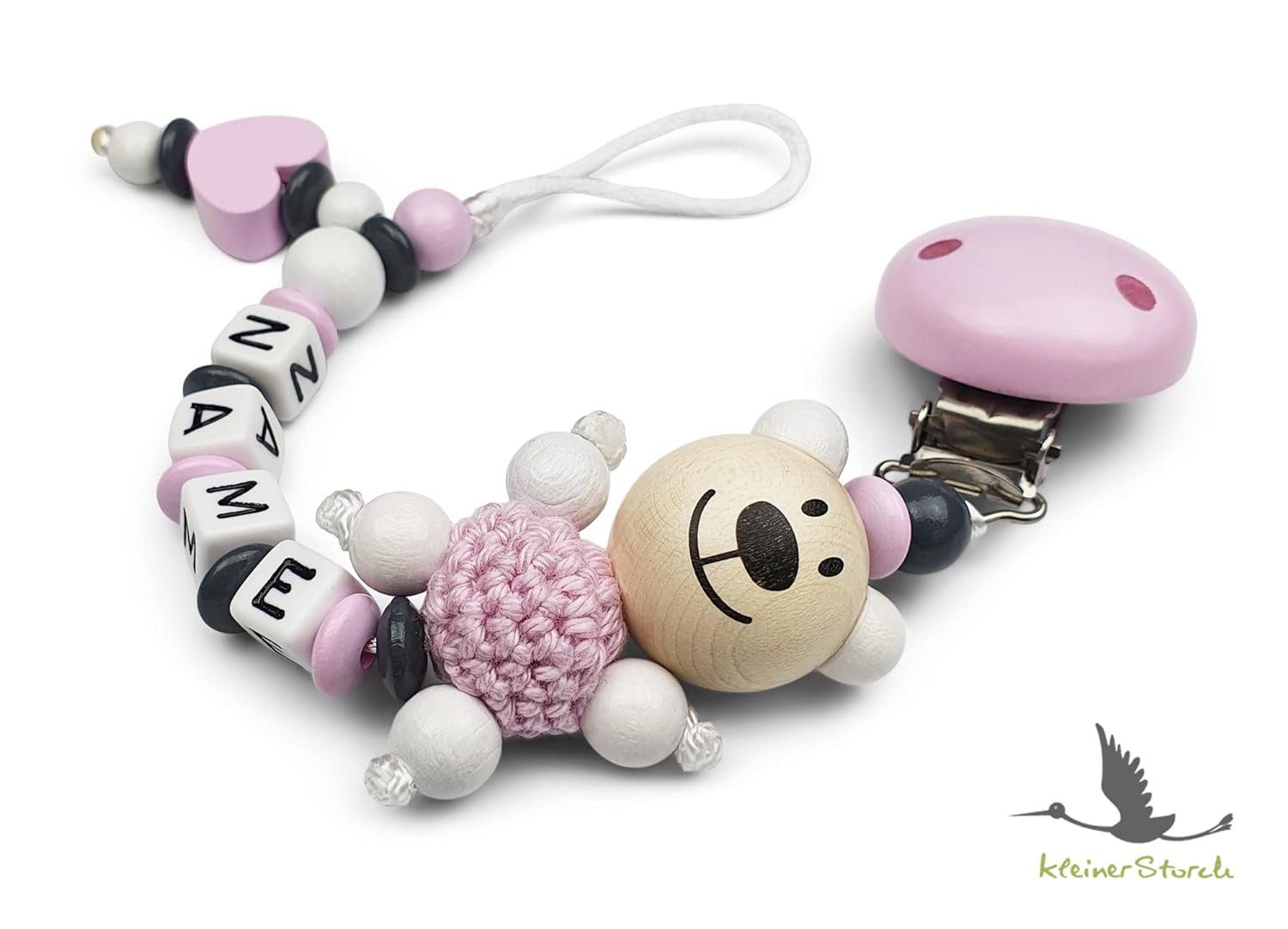 kleinerStorch Schnullerbefestigung Baby Schnullerkette personalisiert mit Namen, Mädchen Nuckelkette für Schnuller - Bär & Herz in rosa
