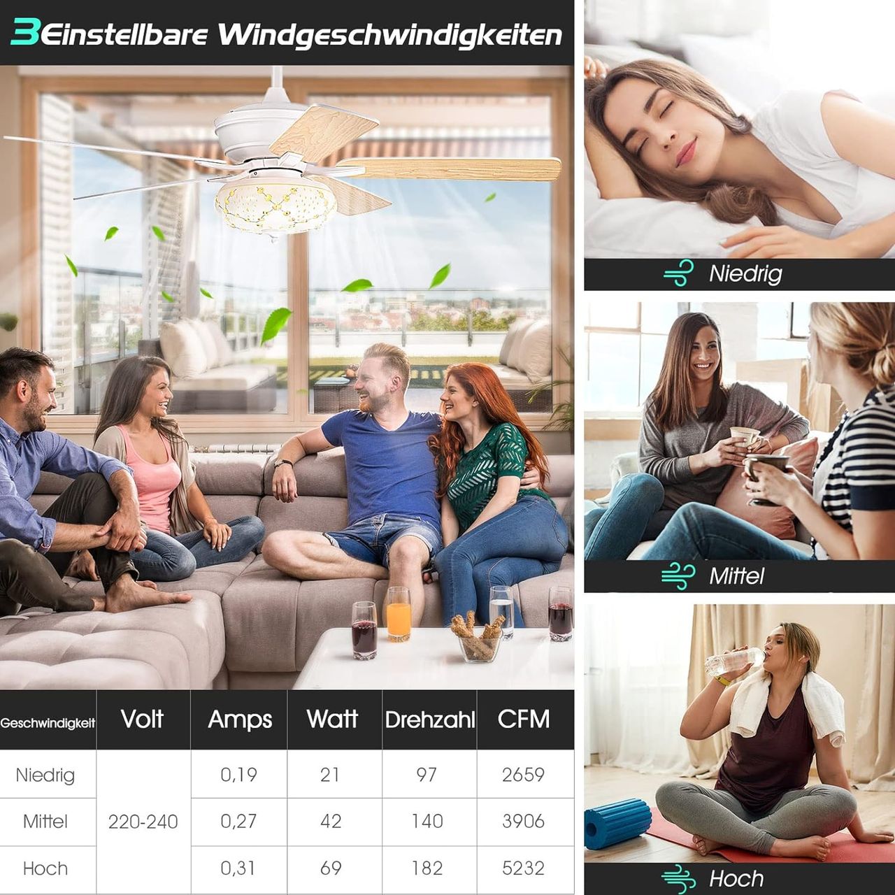 Costway Deckenventilator Mit Beleuchtung, 132cm Ceiling Fan Mit Fernbedienung