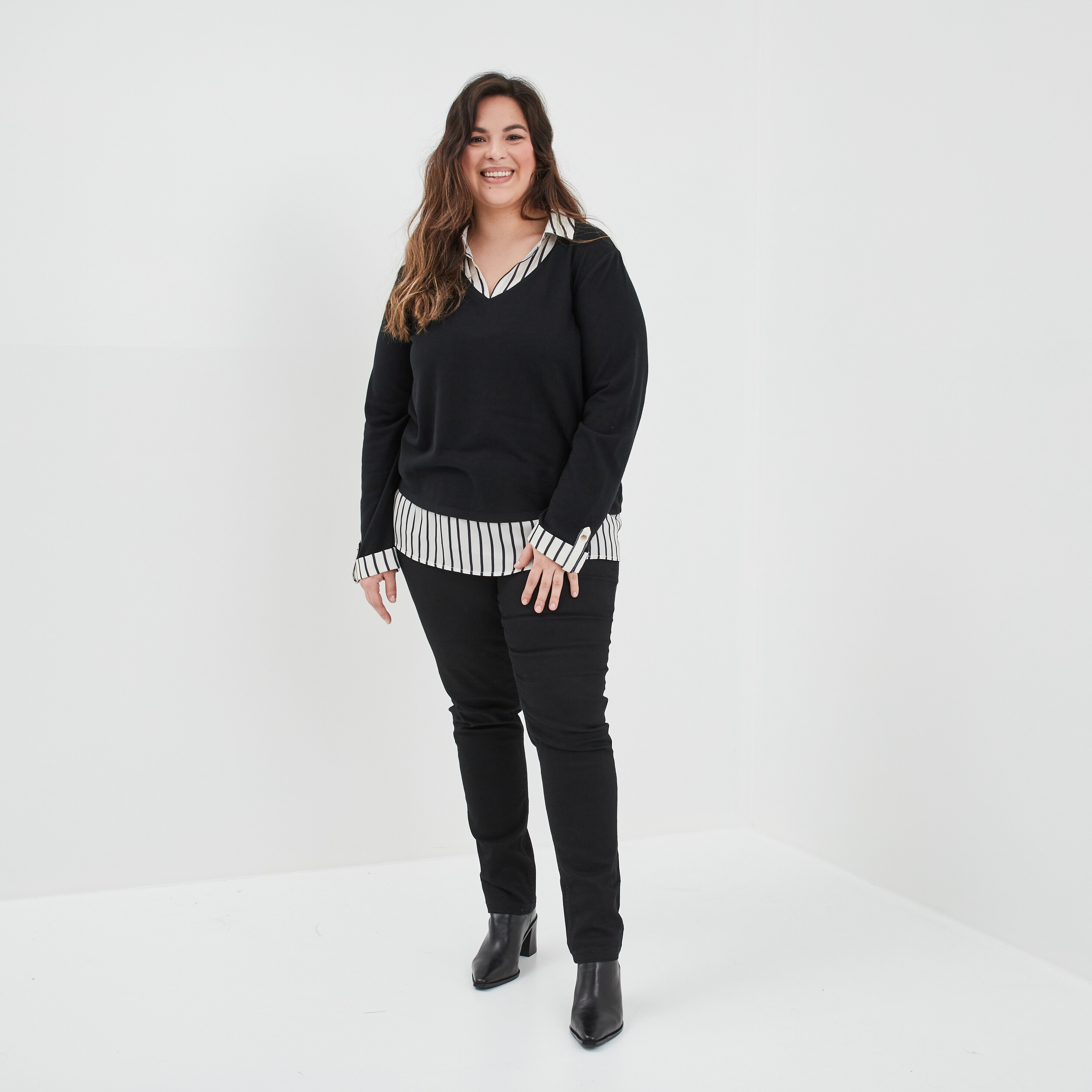 Pull effet 2-en-1 manches longues noir femme grande taille | La Halle