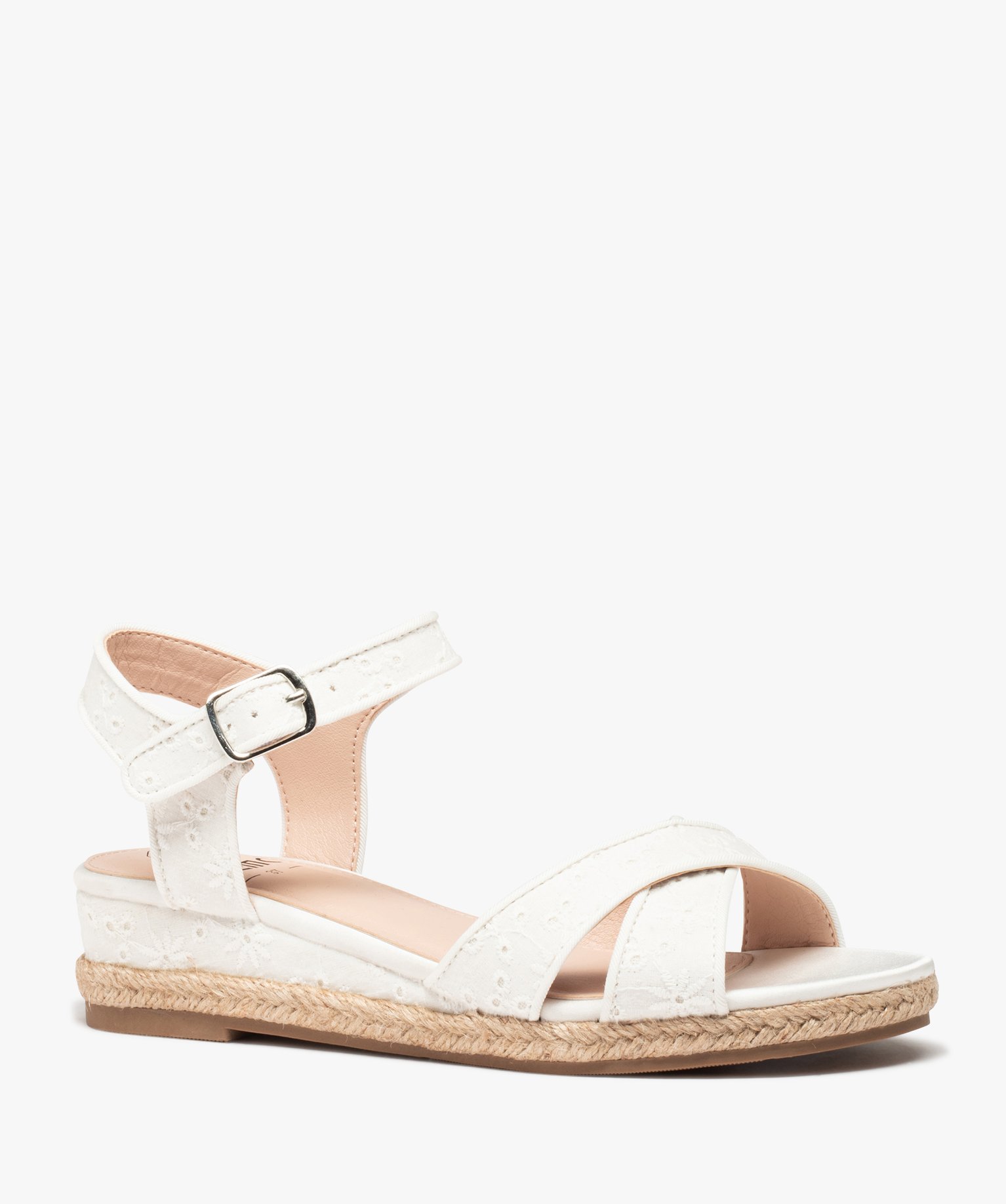 Sandales femme à petit talon compensé dessus dentelle angl... blanc | GEMO