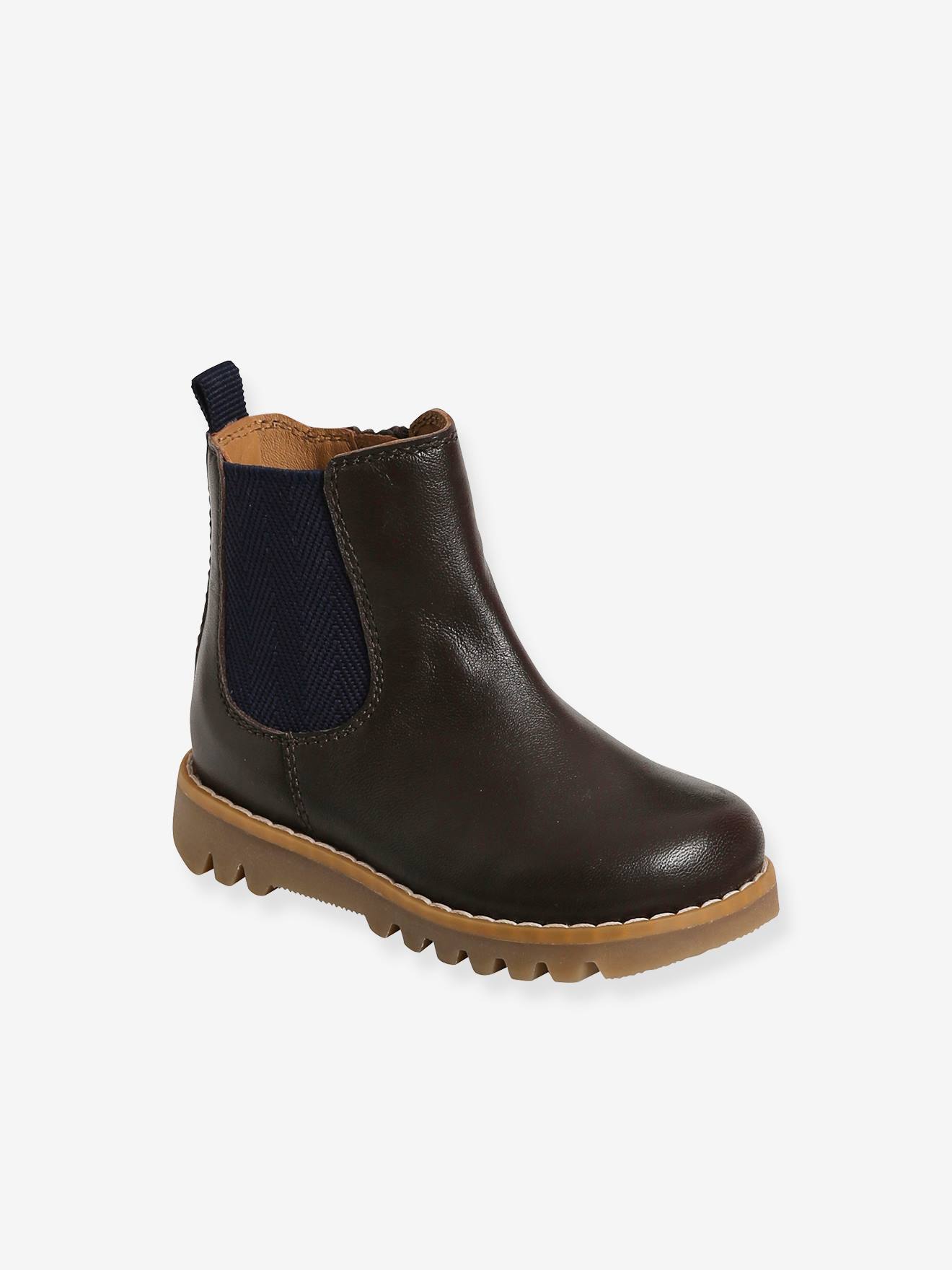 Boots cuir bébé mixte zippés et élastiqués chocolat