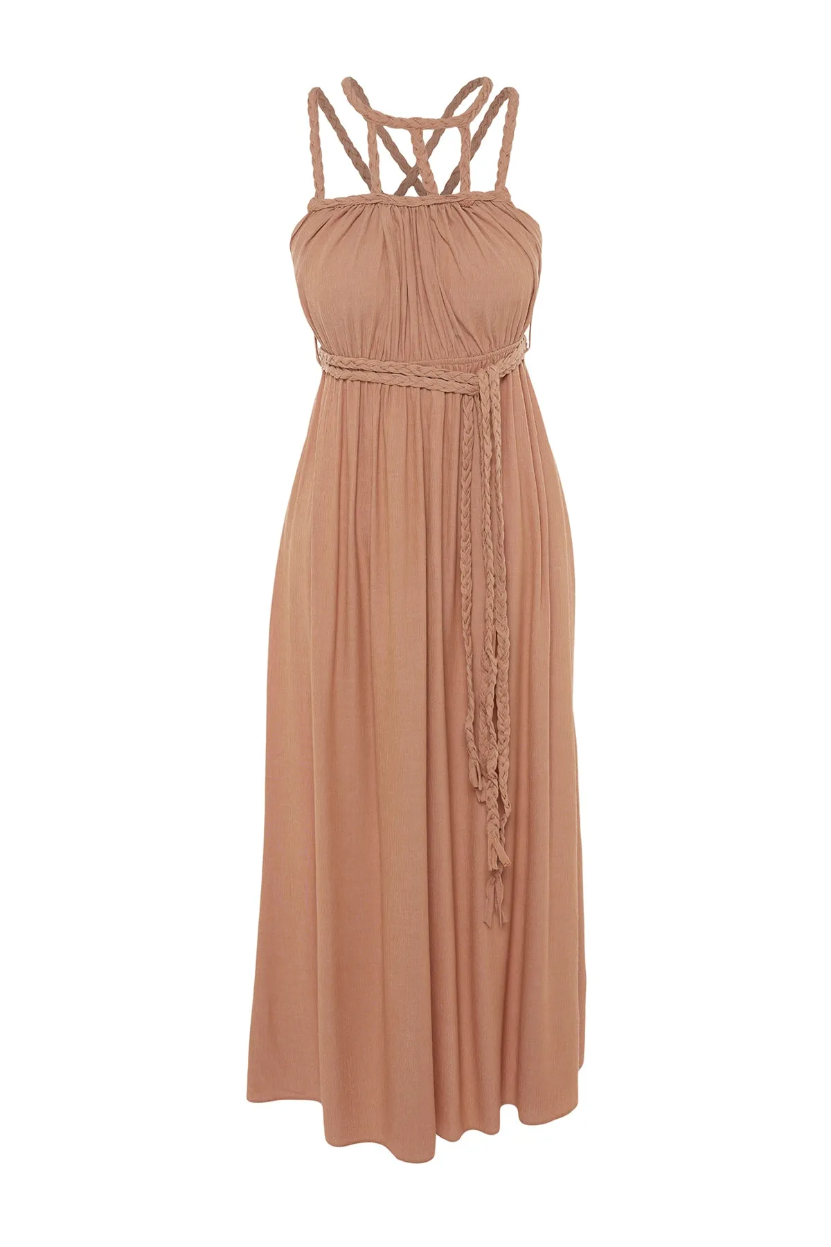 Trendyol Collection  Braunes, gewebtes Maxi-Strandkleid zum Binden aus 100 % Baumwolle mit Gürtel TBESS23EL00070