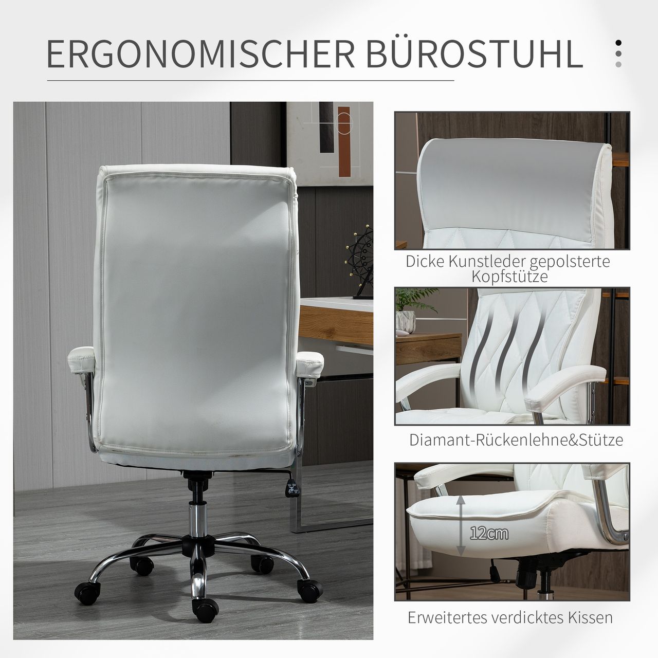 HOMCOM Chefsessel Bürostuhl Schreibtischstuhl Drehstuhl ergonomisch mit Wippenfunktion höhenverstellbar Rautenmuster modern elegant luxuriös PU-Leder Metall Schaumstoff Weiß 66x69x121 cm