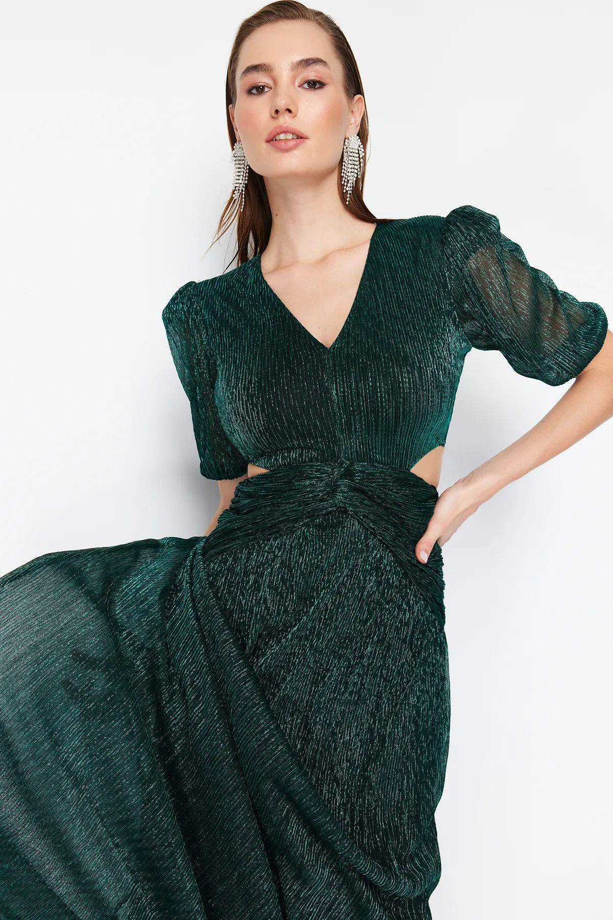 Trendyol Collection  Grünes, schlichtes, tailliertes Abendkleid und Abschlusskleid aus Strick