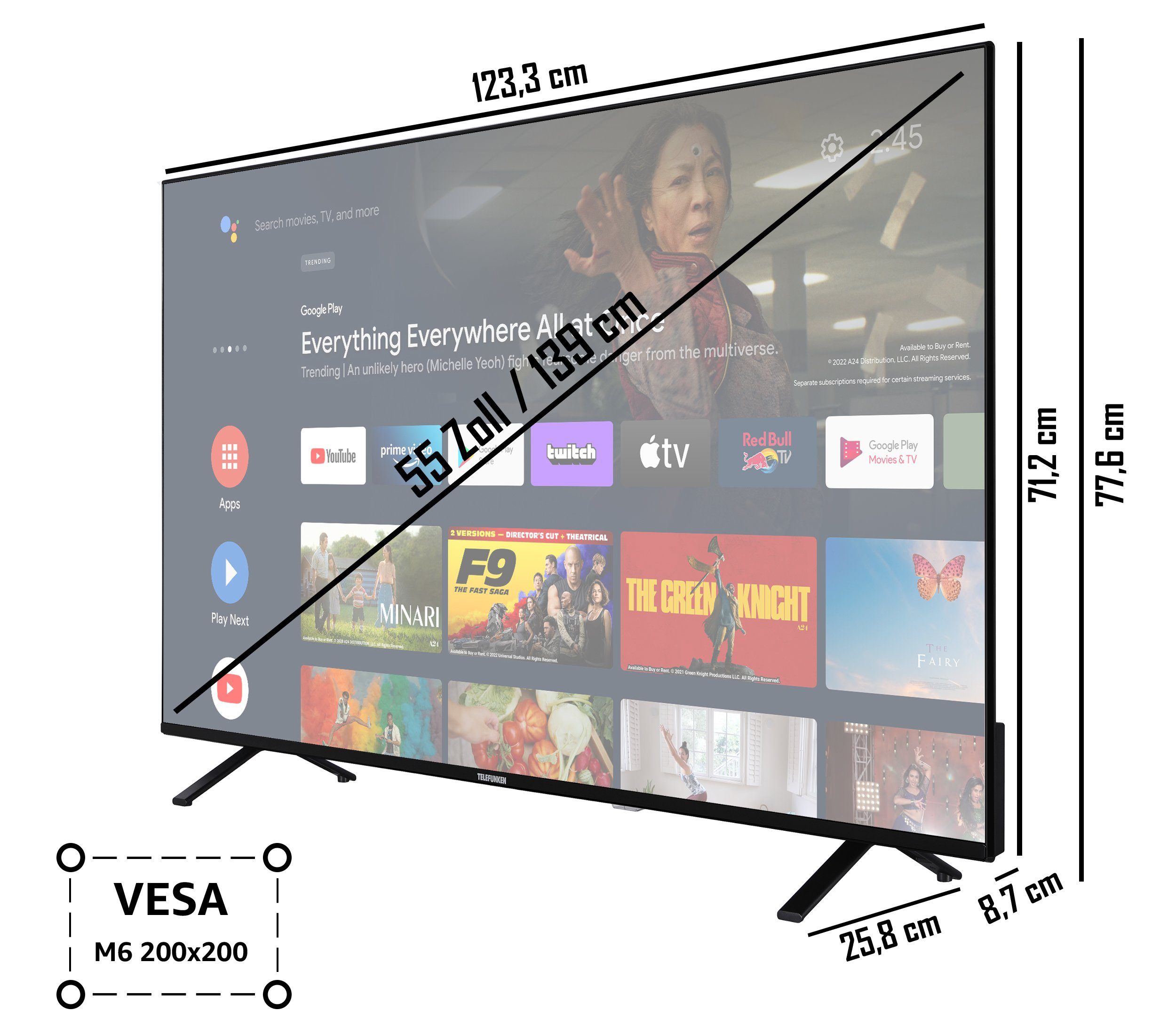 Telefunken XU55AN751S LCD-LED Fernseher (139 cm/55 Zoll, 4K Ultra HD, Android TV, HDR Dolby Vision, Triple-Tuner, Bluetooth, Dolby Atmos)