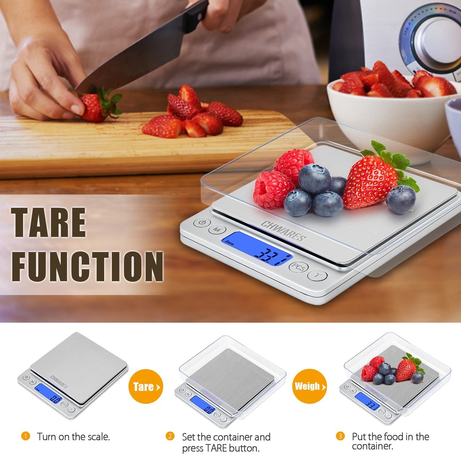 Tisoutec Küchenwaage Digitale Küchenwaage,USB-Aufladung,3 kg/0,1 g Mini-Lebensmittelwaage, (Elektrische Küchenwaage,Wasserdicht,Digital,Wiederaufladbar, LCD-Display,Edelstahl)
