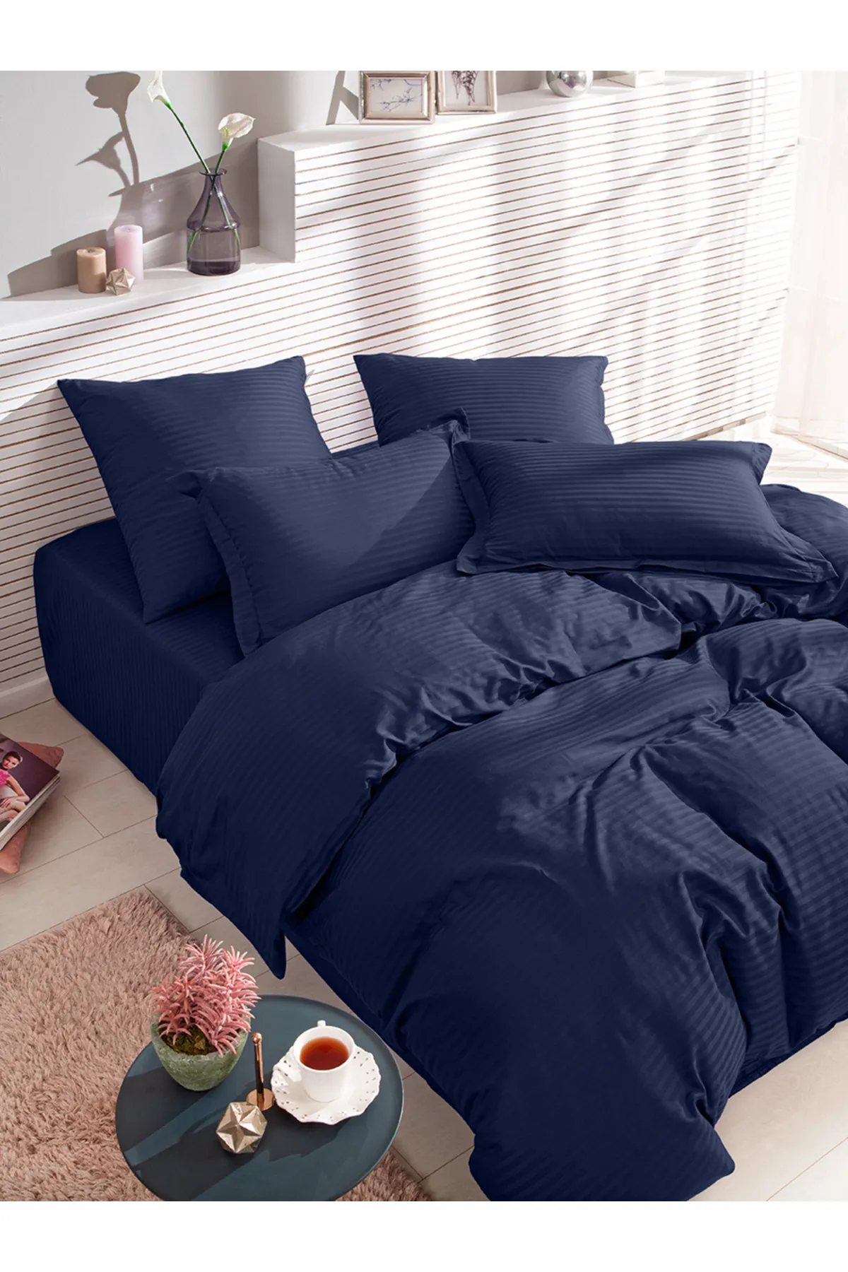 Karna Home  Streifen-gestreiftes Bettbezug-Set aus doppeltem Baumwollsatin, Marineblau