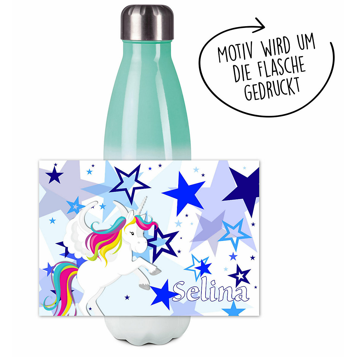 Edelstahl Kinder Thermoflasche / Trinkflasche bunt Pegasus Sterne Farbe blau Spülmaschinenfest, Auslaufsicher, Bruchfest, Doppelwandig, Für Heißgetränke geeignet, Mit Deckel, Isoliert
