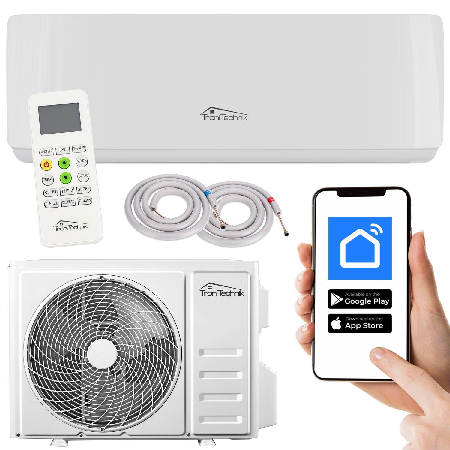 TroniTechnik Split-Klimagerät Reykir 9000 mit UV-C Filter, A++ EEK, mit App-Steuerung,Raumthermostat, Kühlung,Heizung,Ventilation (6-Stufen Ventilator),Entfeuchtung