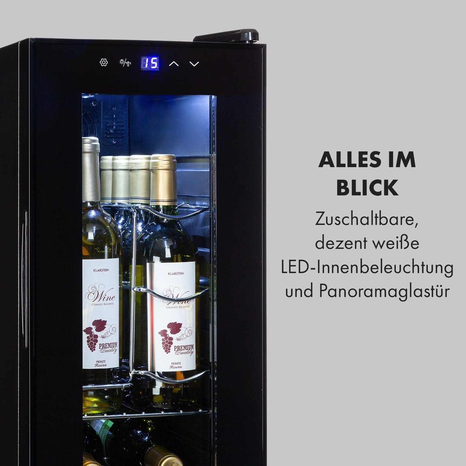 Klarstein Weinkühlschrank Shiraz 12 Slim Uno, für 12 Standardflaschen á 0,75l,Wein Flaschenkühlschrank Weintemperierschrank Weinschrank Kühlschrank