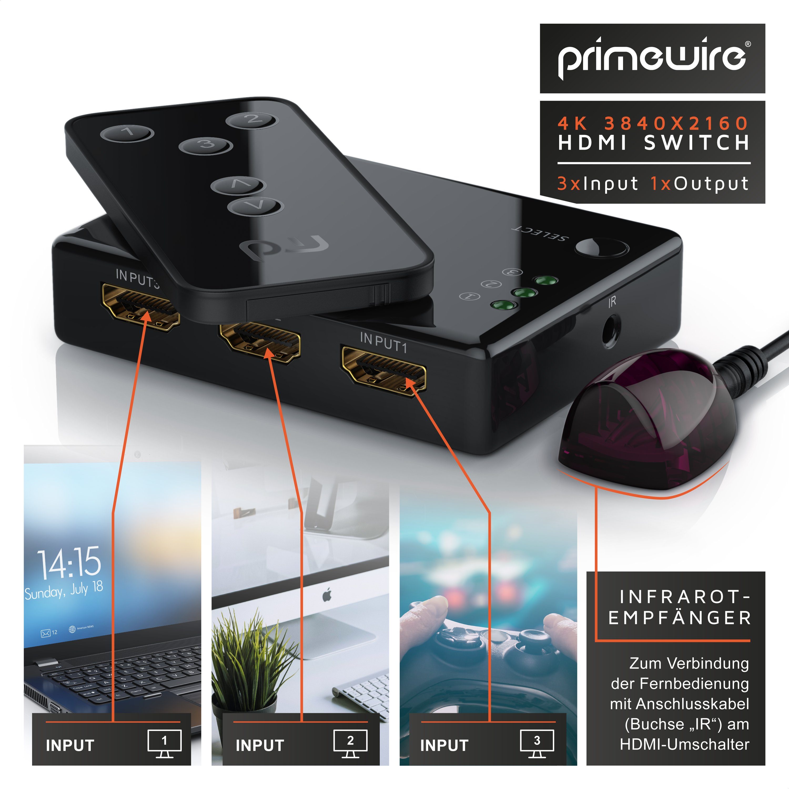 Primewire Audio / Video Matrix-Switch, 3-Port UHD HDMI Switch / Verteiler mit Fernbedienung, 4K, 3D, CEC, ARC