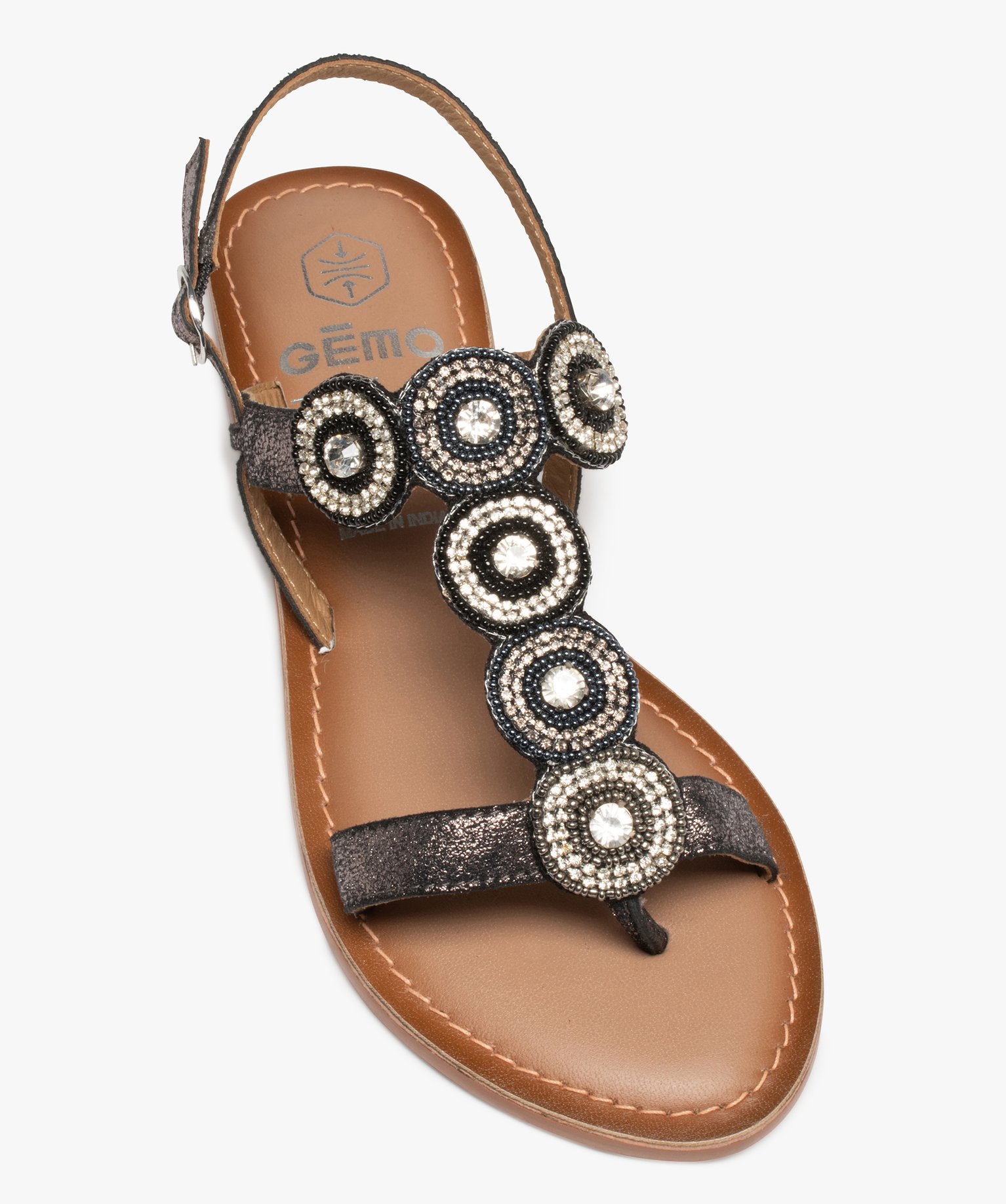Sandales femme à talon plat et brides ornées de strass noir | GEMO