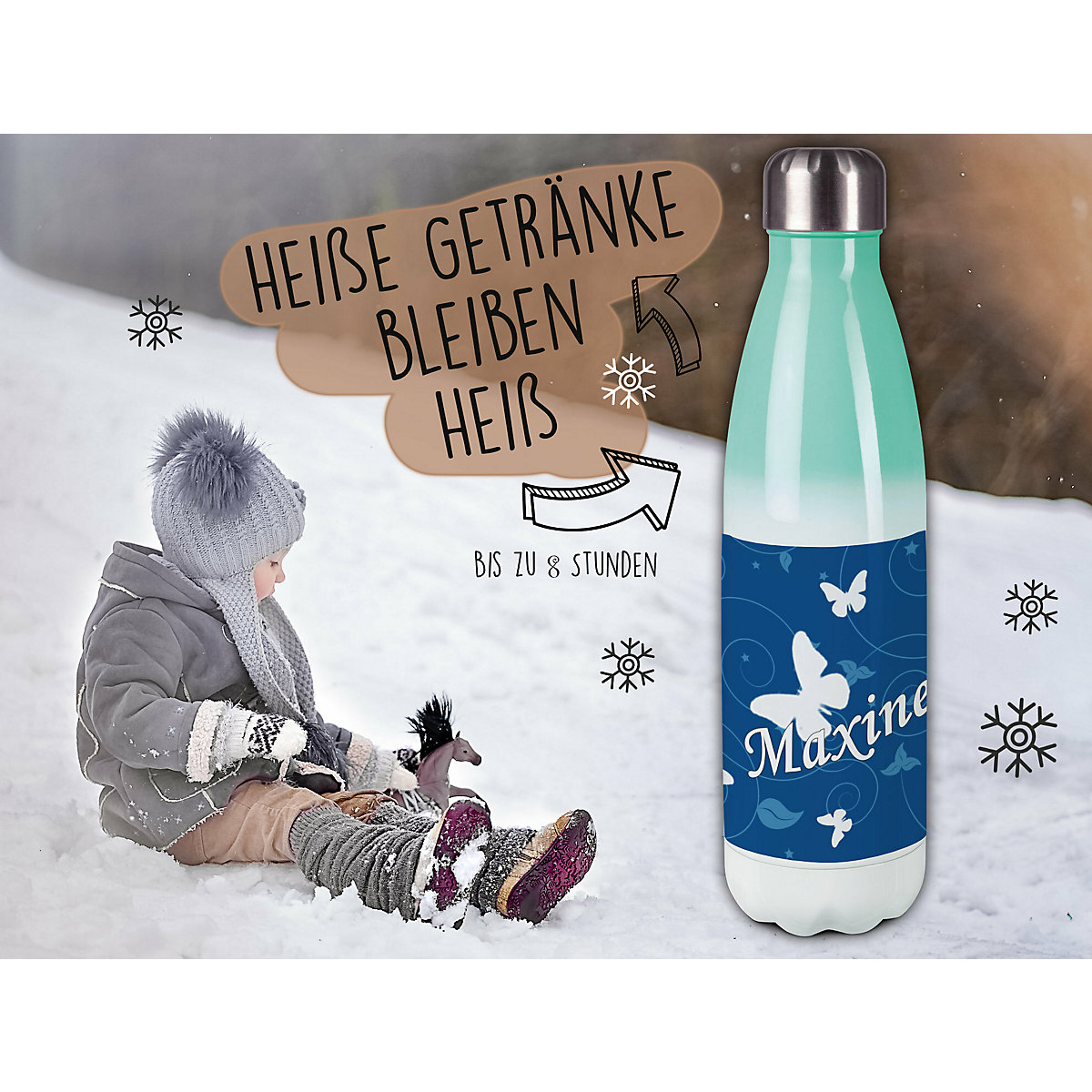 Edelstahl Kinder Thermoflasche / Trinkflasche bunt Schmetterling Ornamente Farbe blau Spülmaschinenfest, Auslaufsicher, Bruchfest, Doppelwandig, Für Heißgetränke geeignet, Mit Deckel, Isoliert