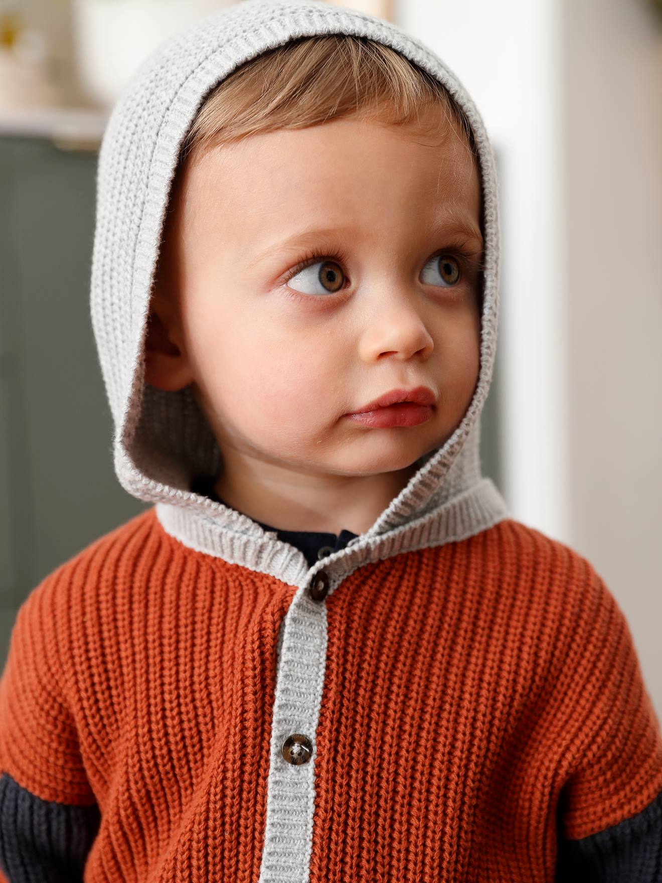Vertbaudet Jungen Baby Cardigan mit Kapuze, Rippenstrick - ziegel