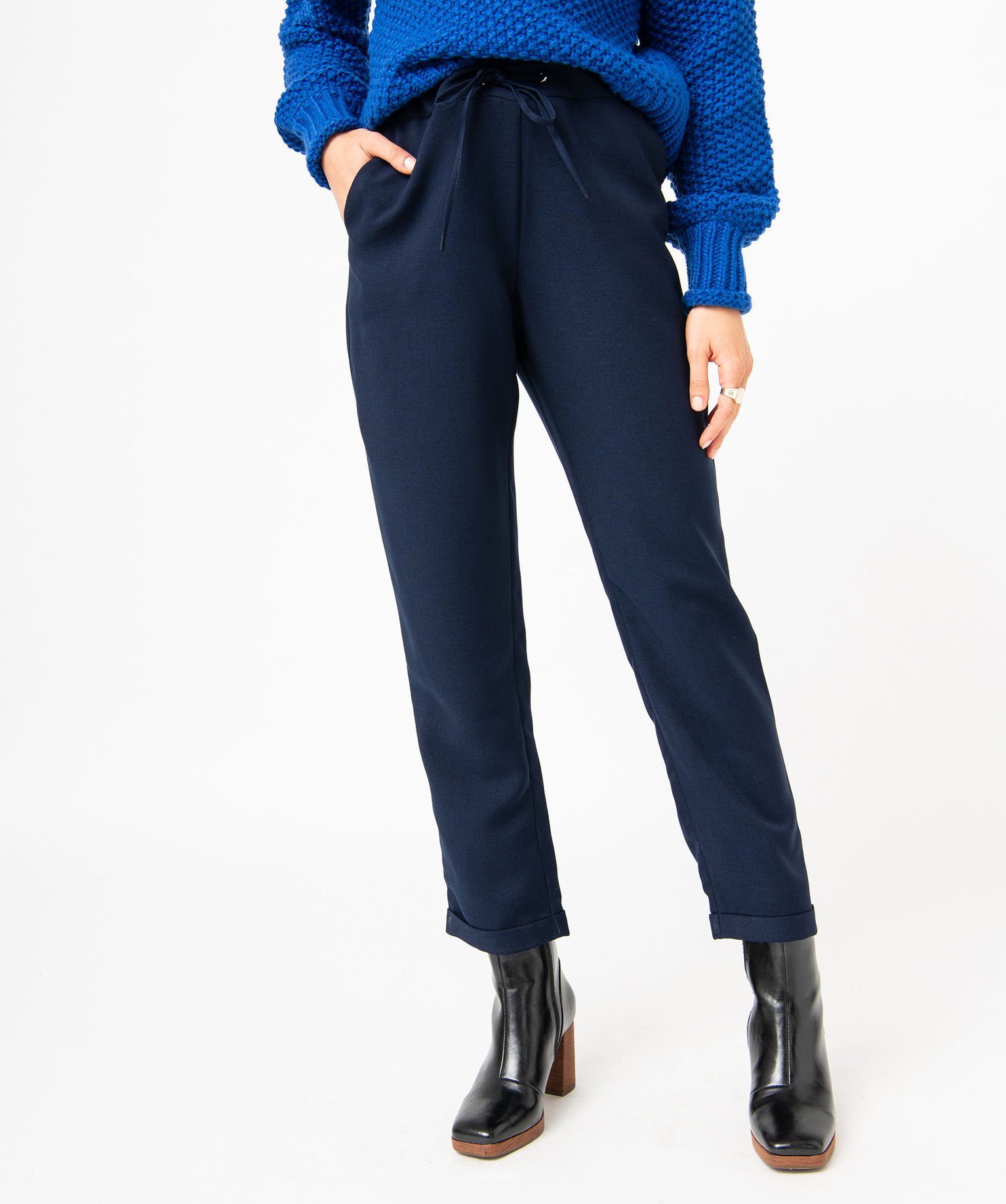 Pantalon en toile coupe ample avec taille élastique femme marine | GEMO