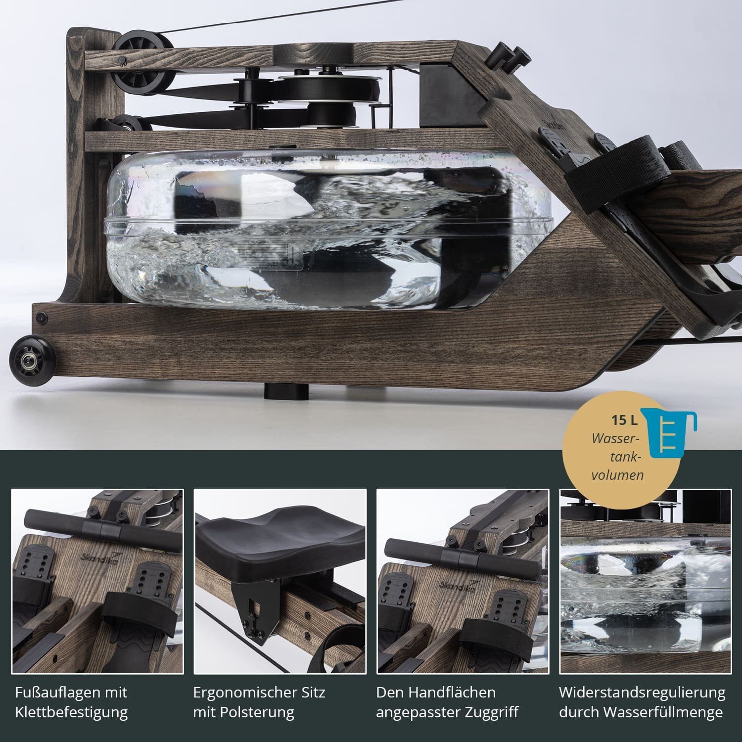 Skandika Rudergerät SKANDIKA Styrke (basaltschwarz/schwarz), Rudergerät Wasser aus Holz, Wasserrudergerät für Zuhause, Esche