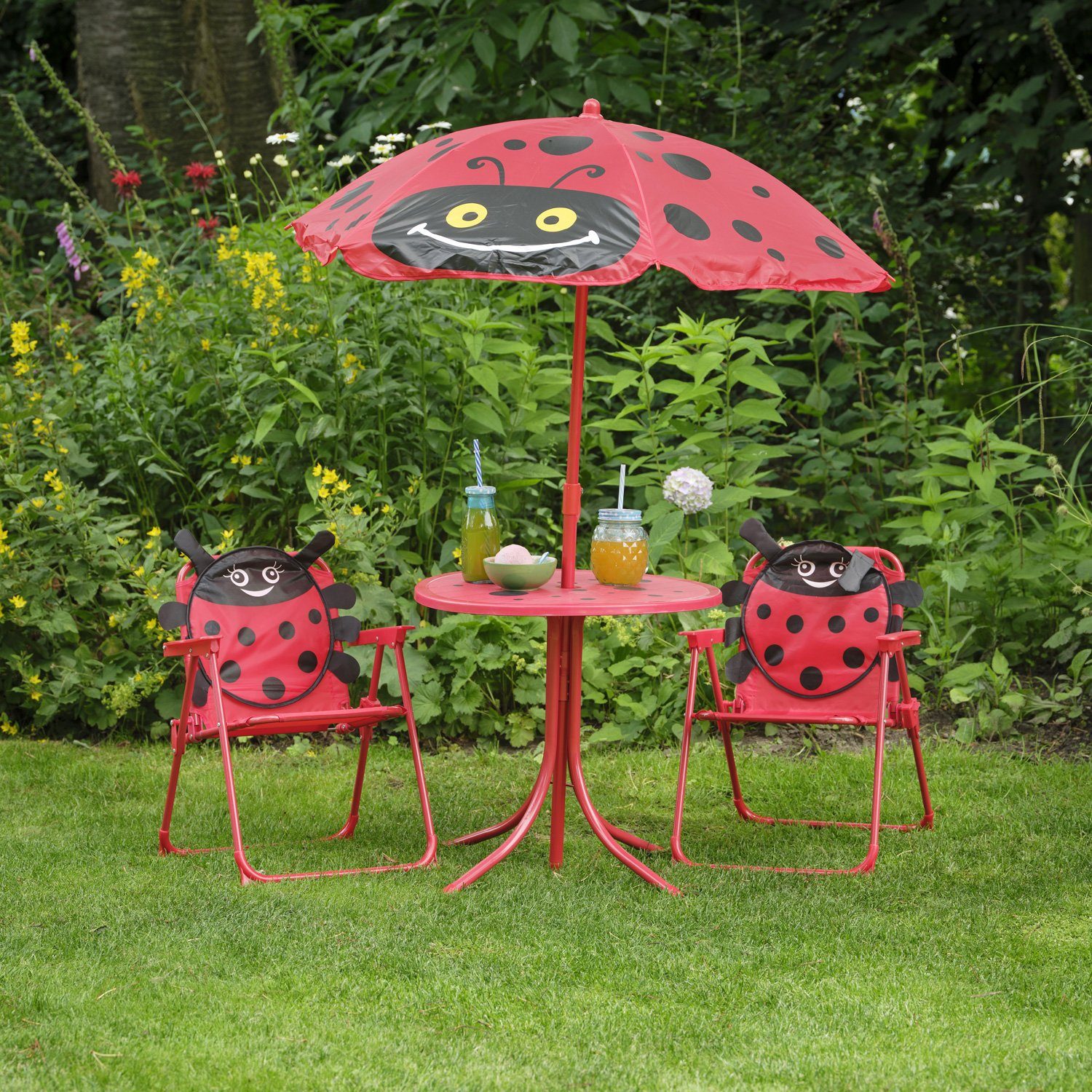 MARELIDA Kindersitzgruppe Marienkäfer LELA 2 Stühle Tisch Sonnenschirm Gartenmöbel Camping 4tlg., (4-tlg)