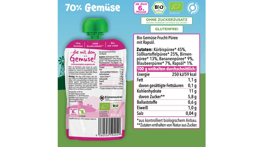 pumpkin organics Bio Quetschie Kürbis, Süßkartoffel, Birne, Banane, Blaubeere 100 g
