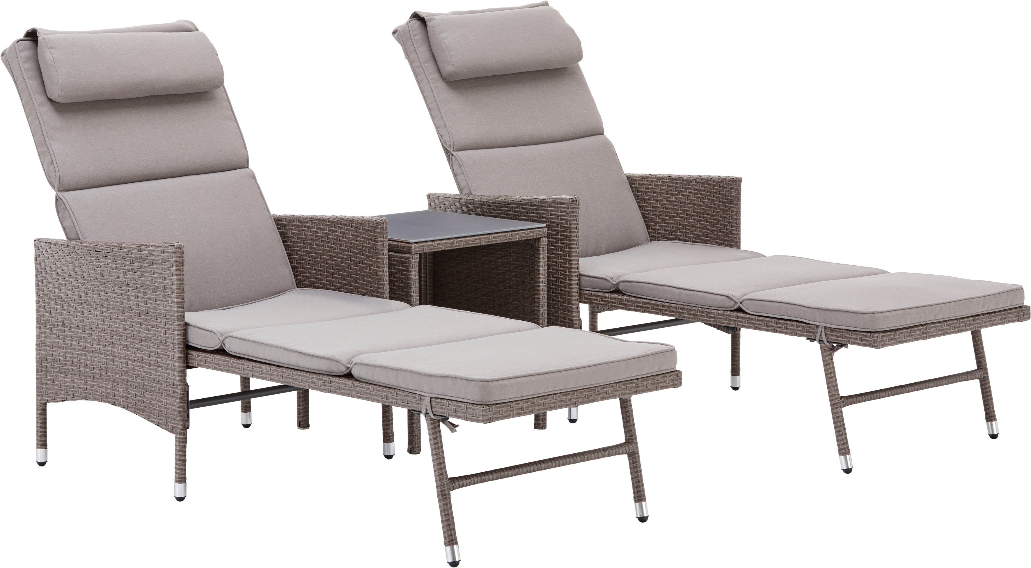 KONIFERA Gartenliege Mailand, Set, 5 St., 2x Liege, 1x Tisch 42x42x48, Stahl /Polyrattan, inkl. Auflagen