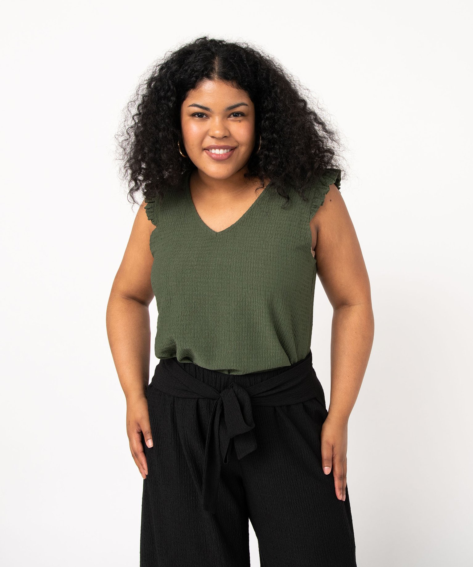 Tee-shirt col V avec volants aux emmanchures femme grande ta... vert | GEMO