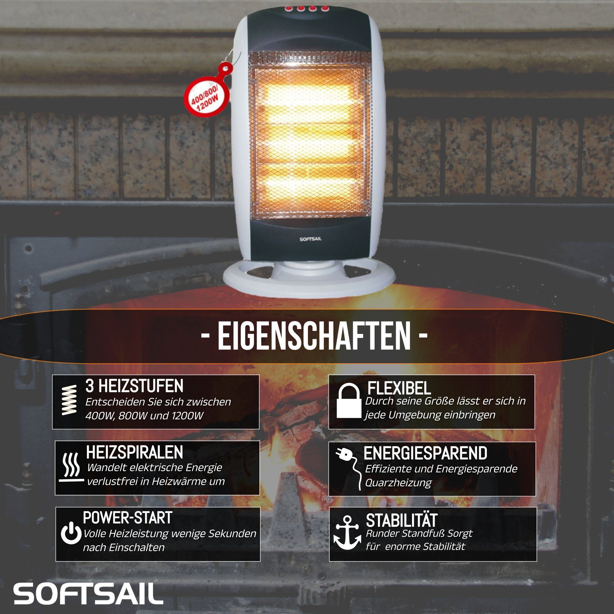 Softsail Heizstrahler Elektrischer Heizstrahler 1200W – Stand Heizstrahler - 3 Heizstufen (400W/800W/1200W), 1200 W