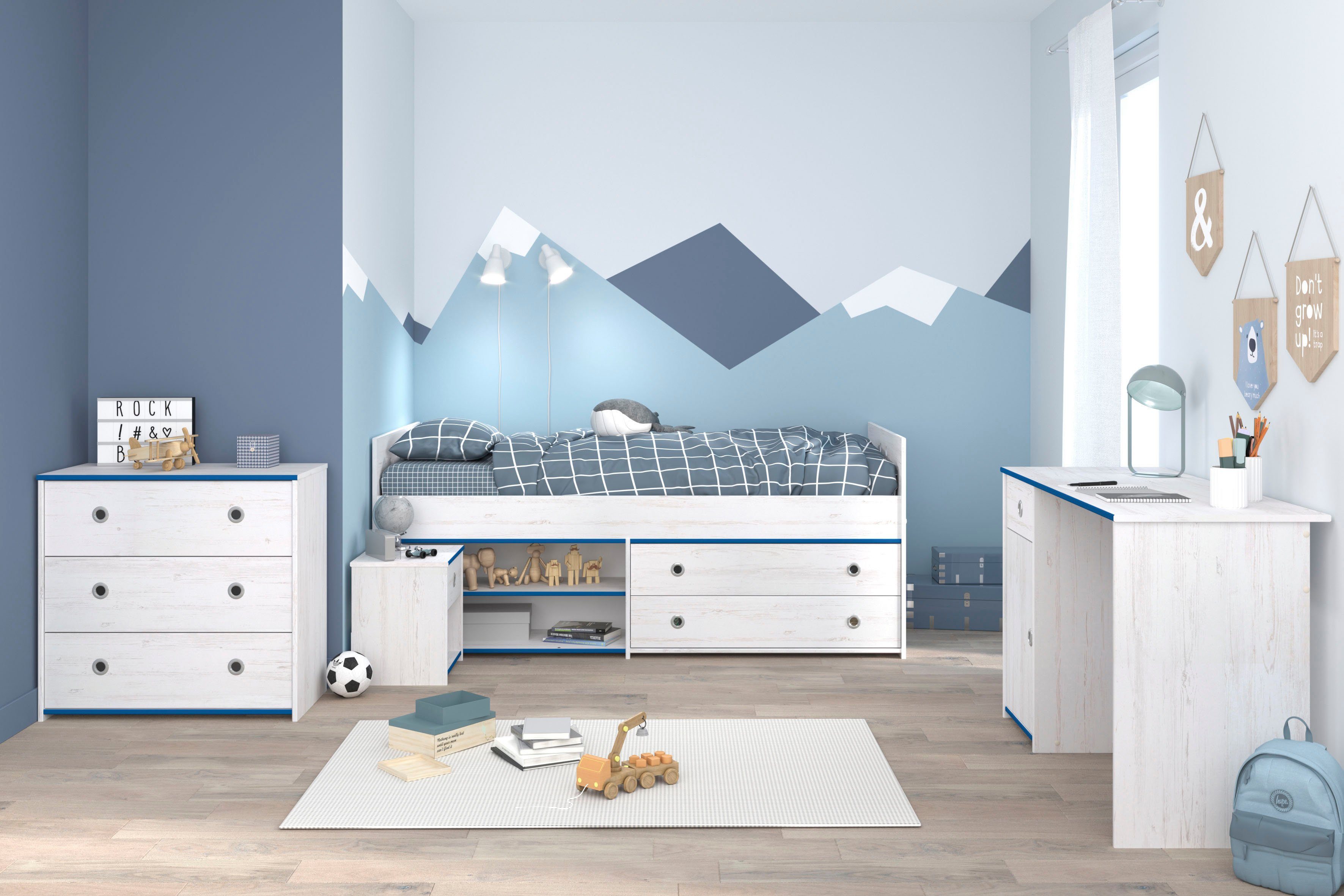 Parisot Jugendzimmer-Set Smoozy, (4-St., Stauraumbett, Nachttisch, Schreibtisch und Schubkastenkommode)