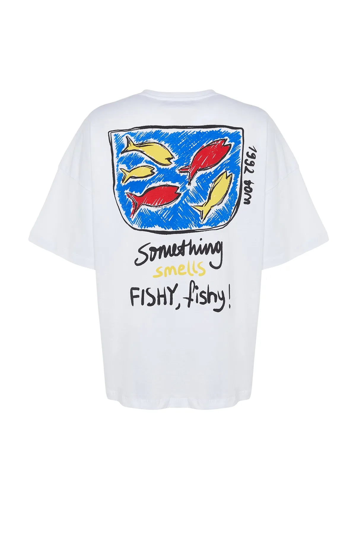 Trendyol Collection  Weißes, bedrucktes, übergroßes/weites Strick-T-Shirt mit Rundhalsausschnitt aus 100 % Baumwolle TWOSS23TS00329