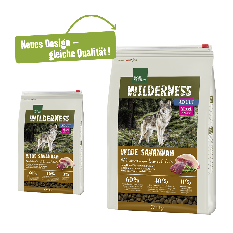 REAL NATURE Hundetrockenfutter REAL NATURE WILDERNESS Maxi Adult Wide Savannah mit Wildschwein, Lamm & Ente 4 kg