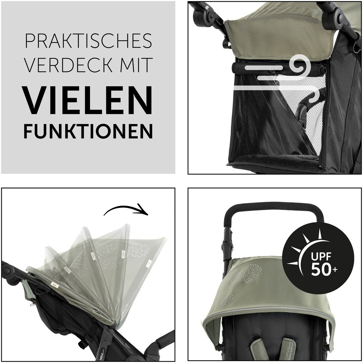 Hauck Dreirad-Kinderwagen Runner 2 Mickey Mouse olive, Kinderwagen, Jogger mit schwenk- und feststellbarem Vorderrad
