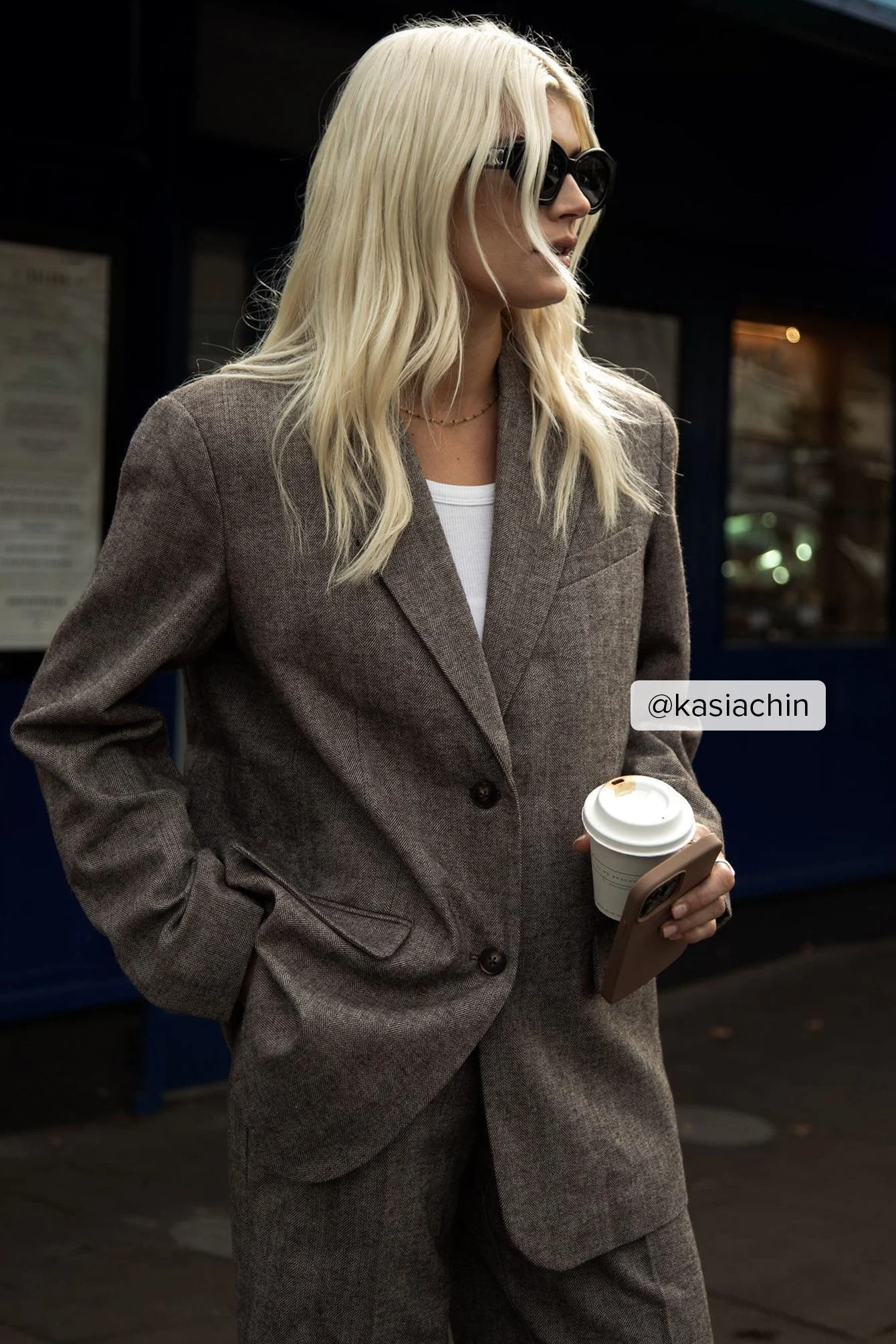 Gerader Oversize-Blazer mit Fischgrätenmuster
