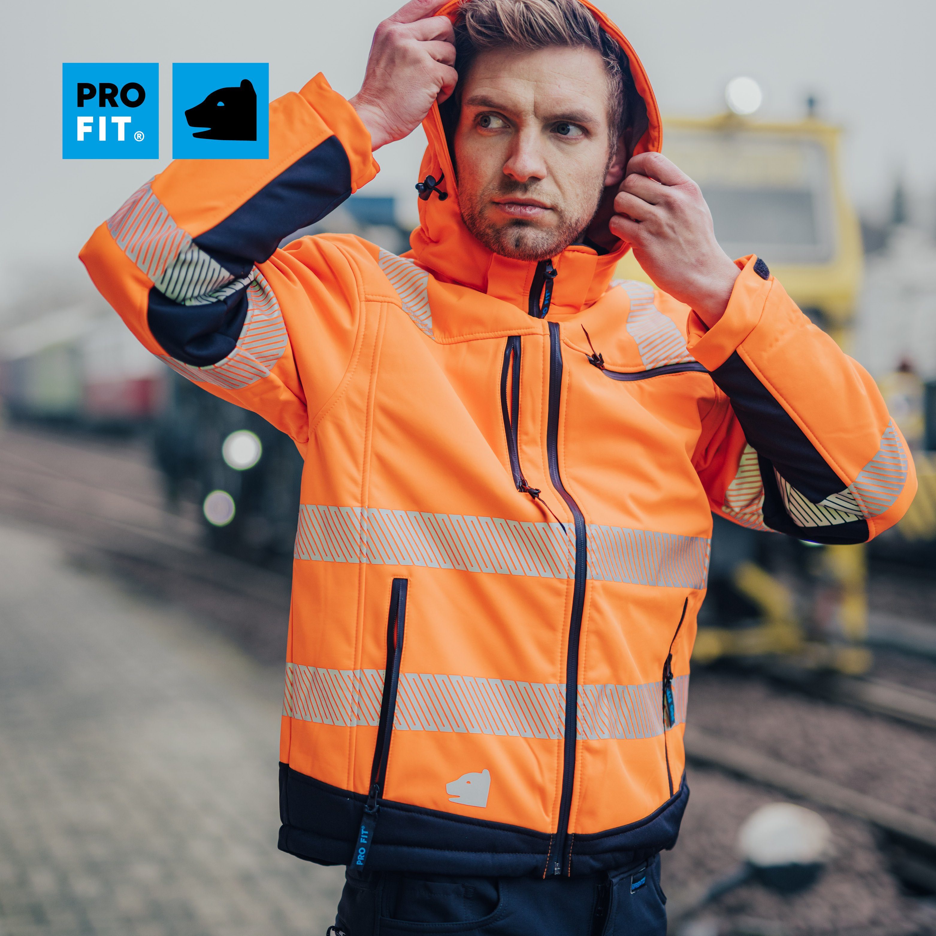 PRO FIT by Fitzner Arbeitsjacke Winter Warnschutz-Softshelljacke Neonorange/Schwarz (1, Stück) Wind- & Wasserabweisend, Reflektionsstreifen, Steppfutter, Atmungsaktiv