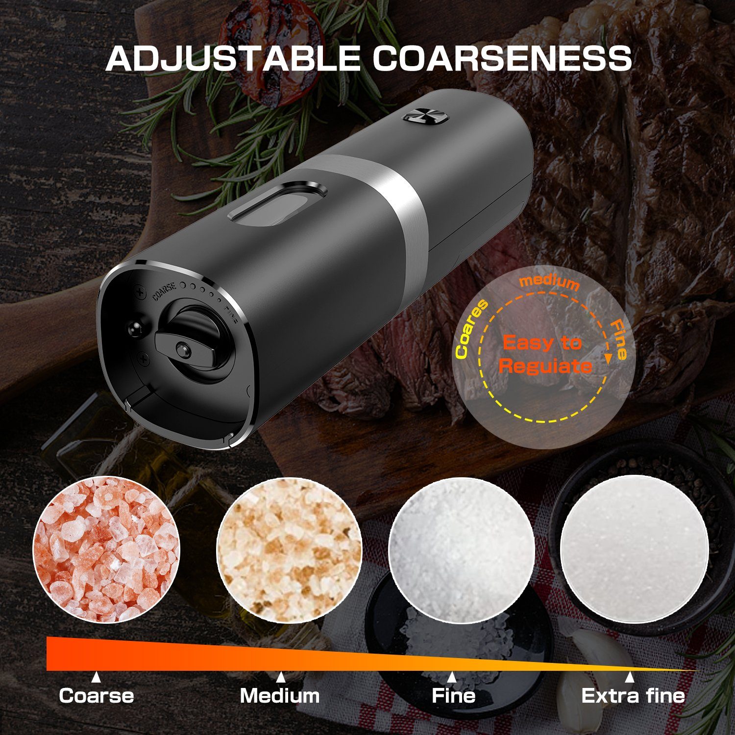 Tisoutec Salz-/Pfeffermühle Salz und Pfeffermühle Salzmühle 2er Set Elektrisch USB Aufladbar Gewürzmühle mit Keramikmahlwerk,Adjustable Gewürzmühle mit Wiederaufladbare Batterie und LED Indikator,Chilimühle Grinder