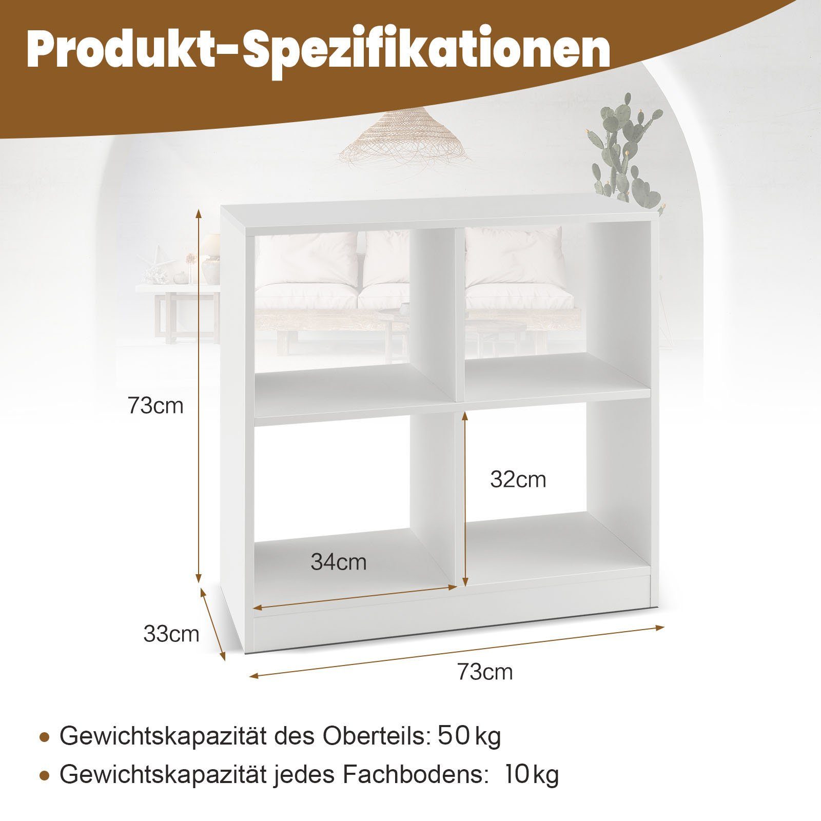 COSTWAY Bücherregal, mit 4 Fächern, 73 x 33 x 73 cm