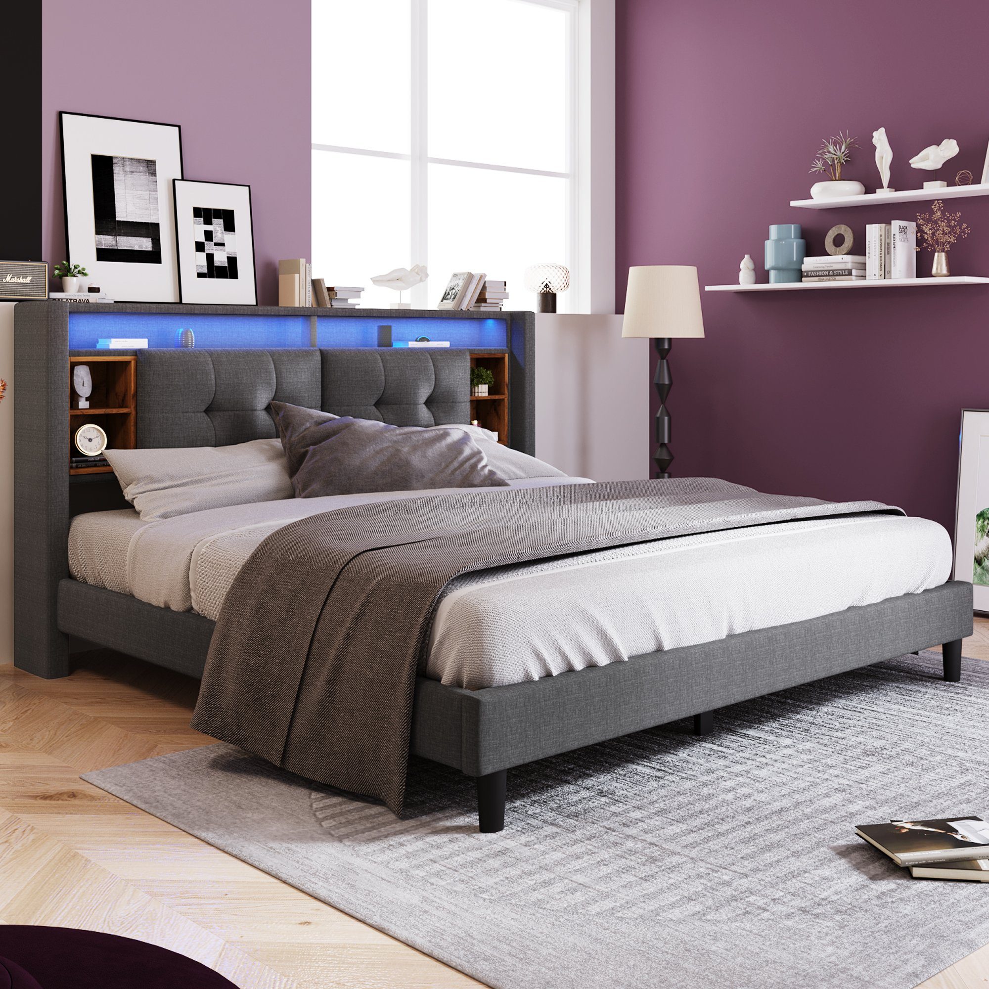 Flieks Polsterbett, LED-Beleuchtung Doppelbett mit Steckdose 140x200cm Leinen