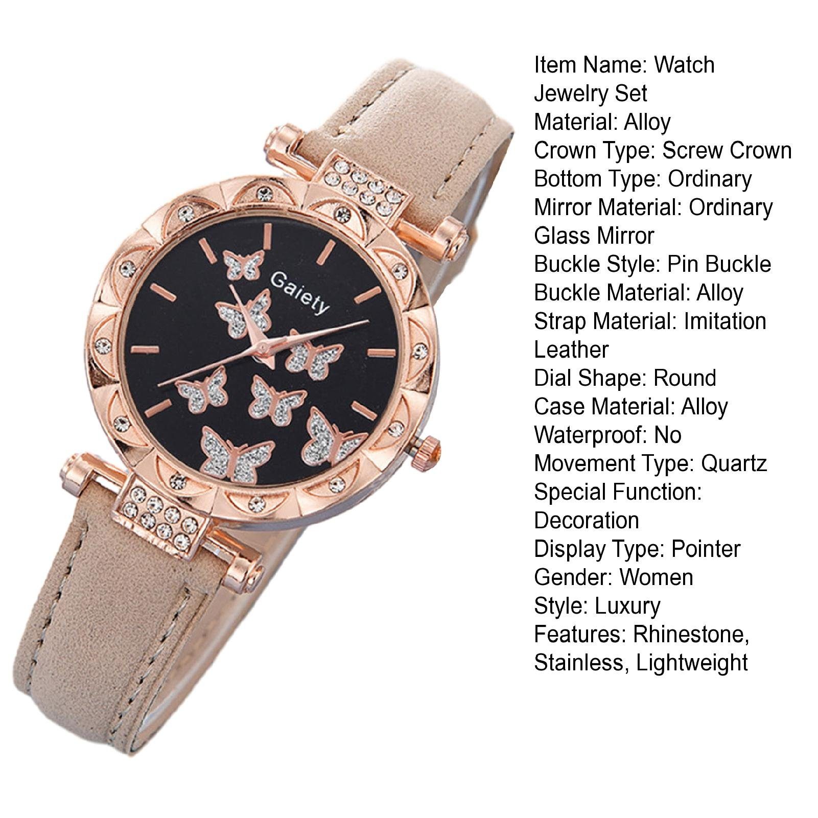 farfi Quarzuhr Watch Schmuck Set(Set, 6-tlg) Butterfly Decor Quartz Watch Gift, (1 x Uhr, 1 x Armband, 1 Paar Ohrringe,1 x Halskette,1 x Ring, Ohne Box)