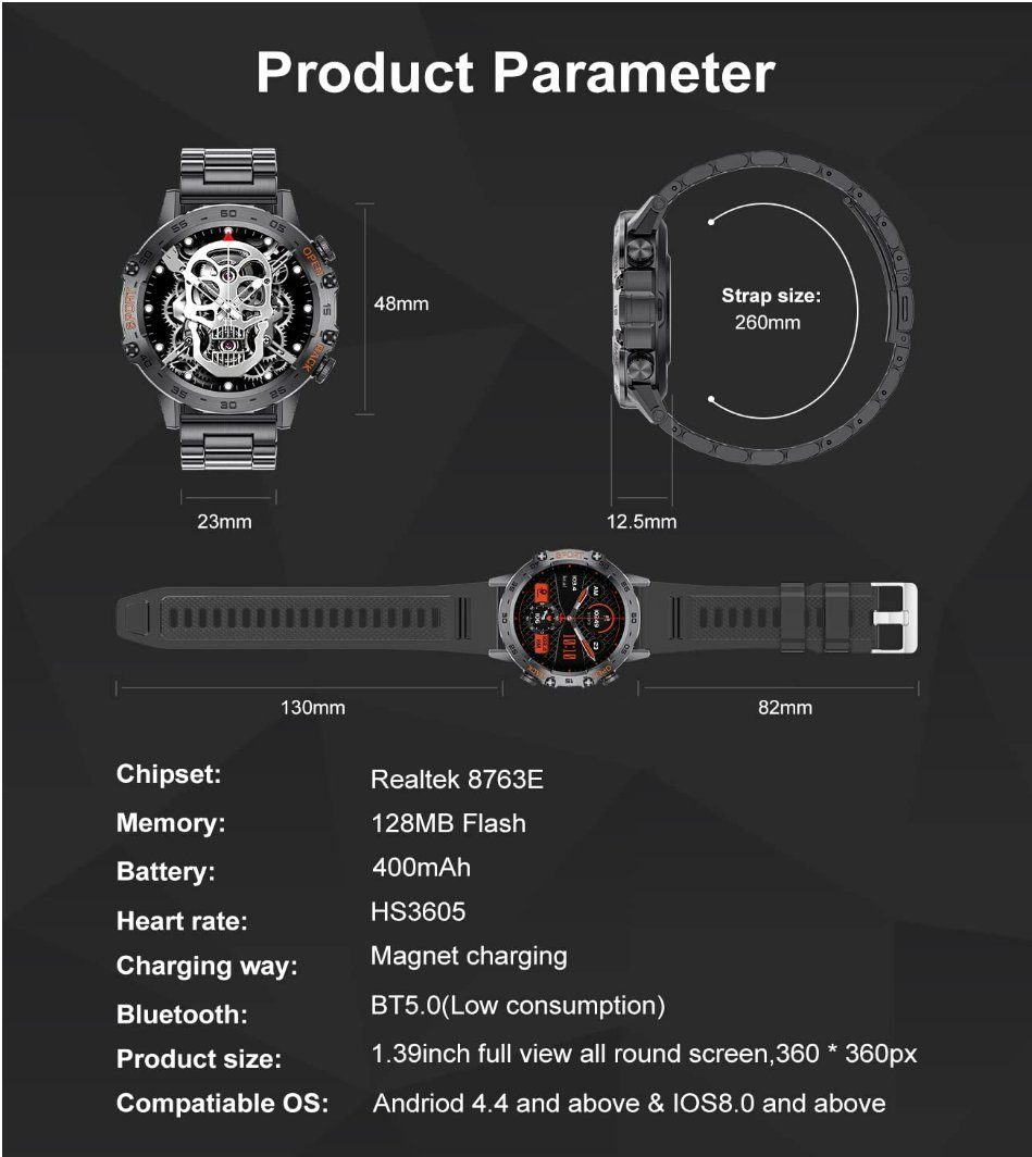 Lige Smartwatch (Android iOS), Herren Mit Telefonfunktion Rund Blutdruck Wasserdicht Men