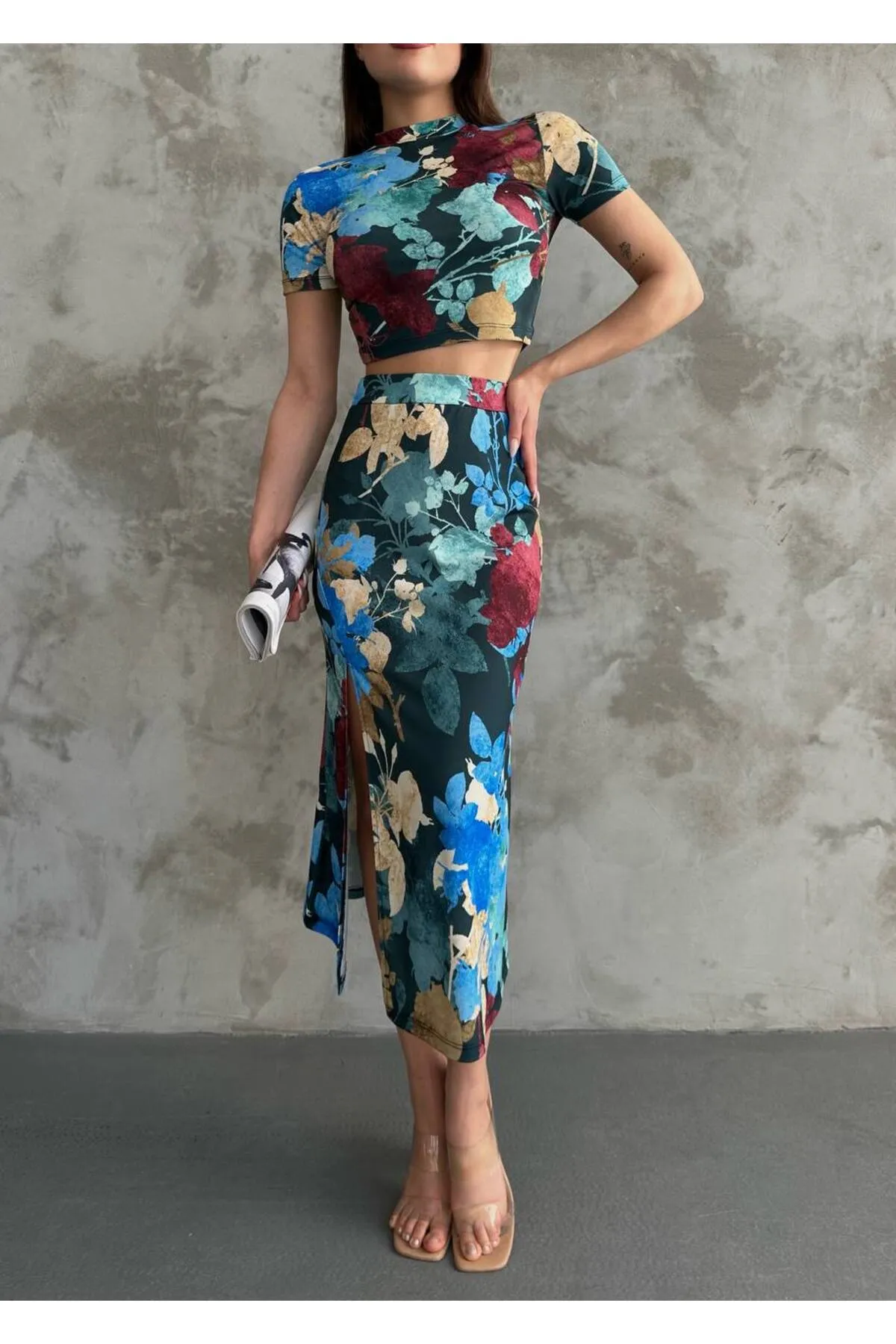 BİKELİFE  Damen-Doppelset mit Bustierrock und Schlitz und Blumenmuster