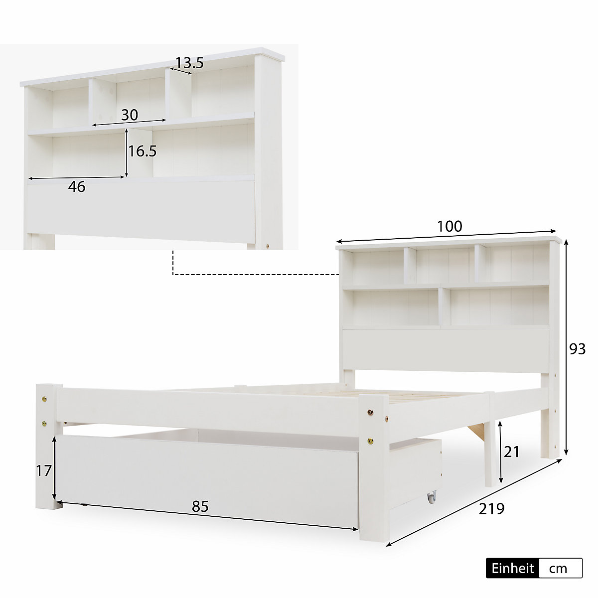 Einzelbett 90x200cm aus Massivholz mit Schubladen, Bücherregal und Lattenrost