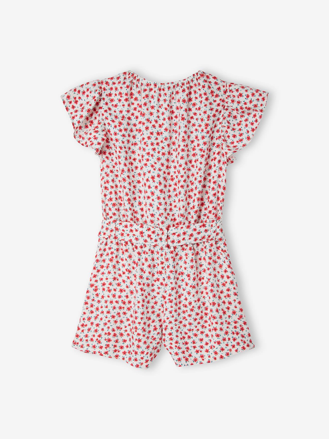 Combi-short fille beige imprimé fleurs roses