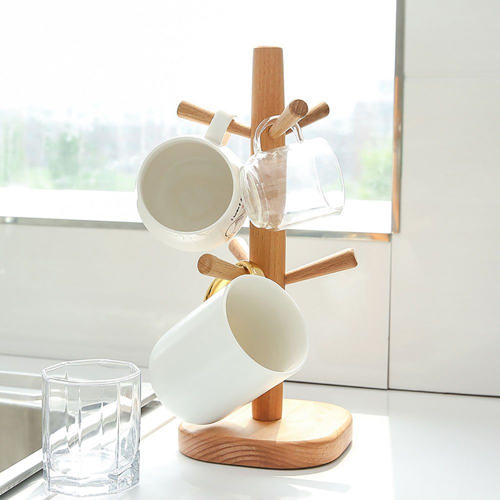 Aphollod Gläserhalter Tassenbaum, Becher-Aufhänger, Kaffee-Becherhalter mit 6 Haken, Holz-Kaffeebecher-Halter für Theke