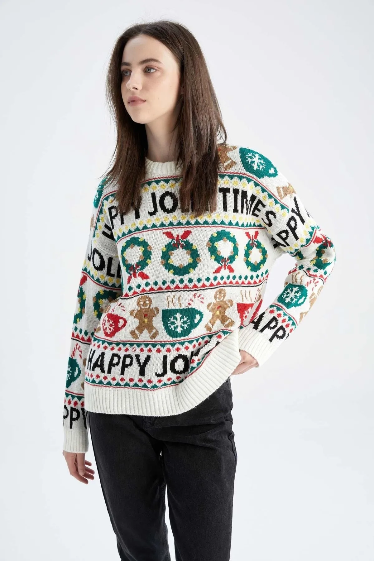 DeFacto  Schulterfreier Pullover mit Silvestermotiv