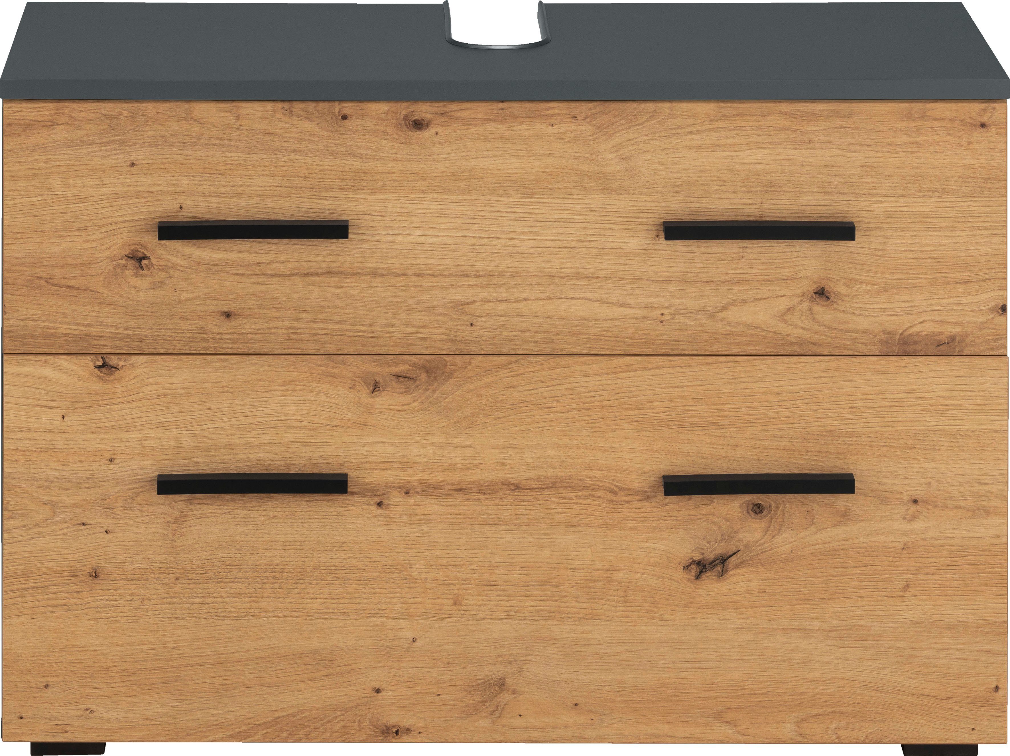 INOSIGN Waschbeckenunterschrank Skara mit Klappe und Schubkasten, schwarze Griffe, Breite 80 cm, Höhe 55 cm