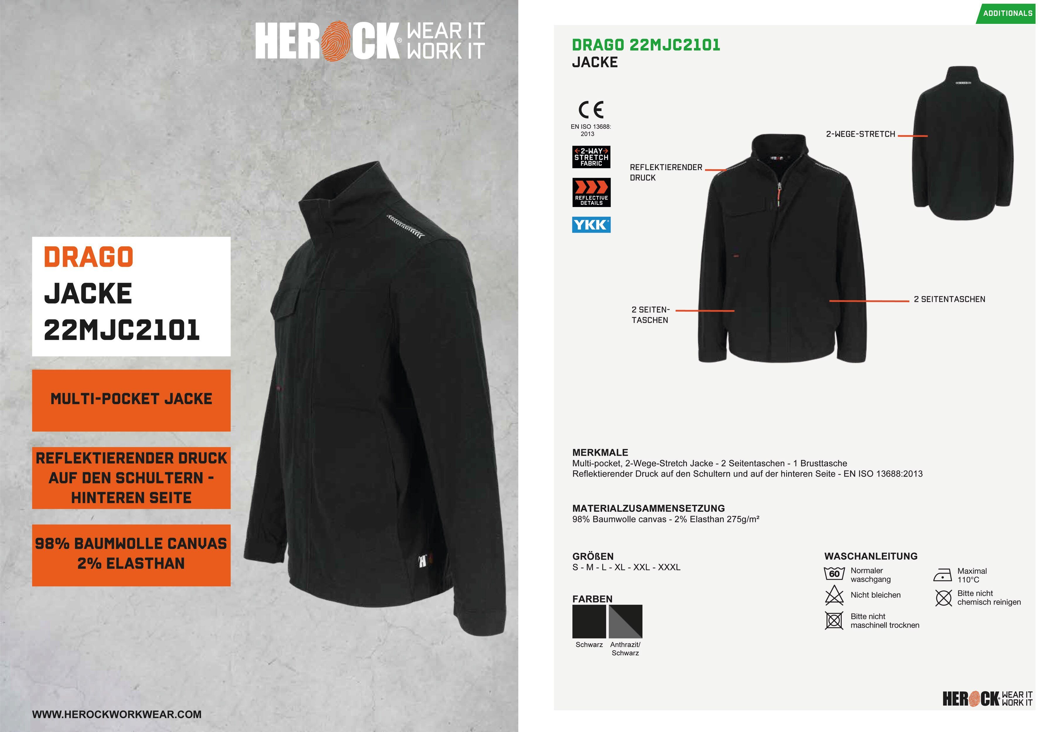 Herock Arbeitsjacke Drago Multi-pocket, bequeme 2-Wege-Stretch Jacke, reflektierende Elemente