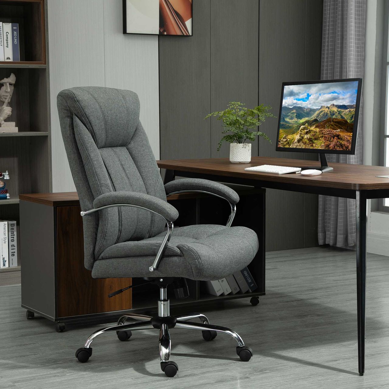 HOMCOM Vinsetto Bürostuhl mit Wippfunktion ergonomischer Stuhl mit gepolsterte Armlehne Kopfstütze höhenverstellbarer Schreibtischstuhl Drehstuhl mit Rückenlehne Nylon Grau 65 x 78 x 110-120 cm