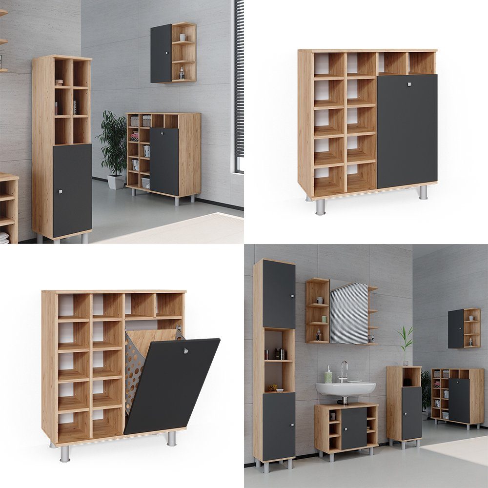 Vicco Wäscheschrank Badschrank mit Wäschekorb FYNN Goldkraft / Anthrazit